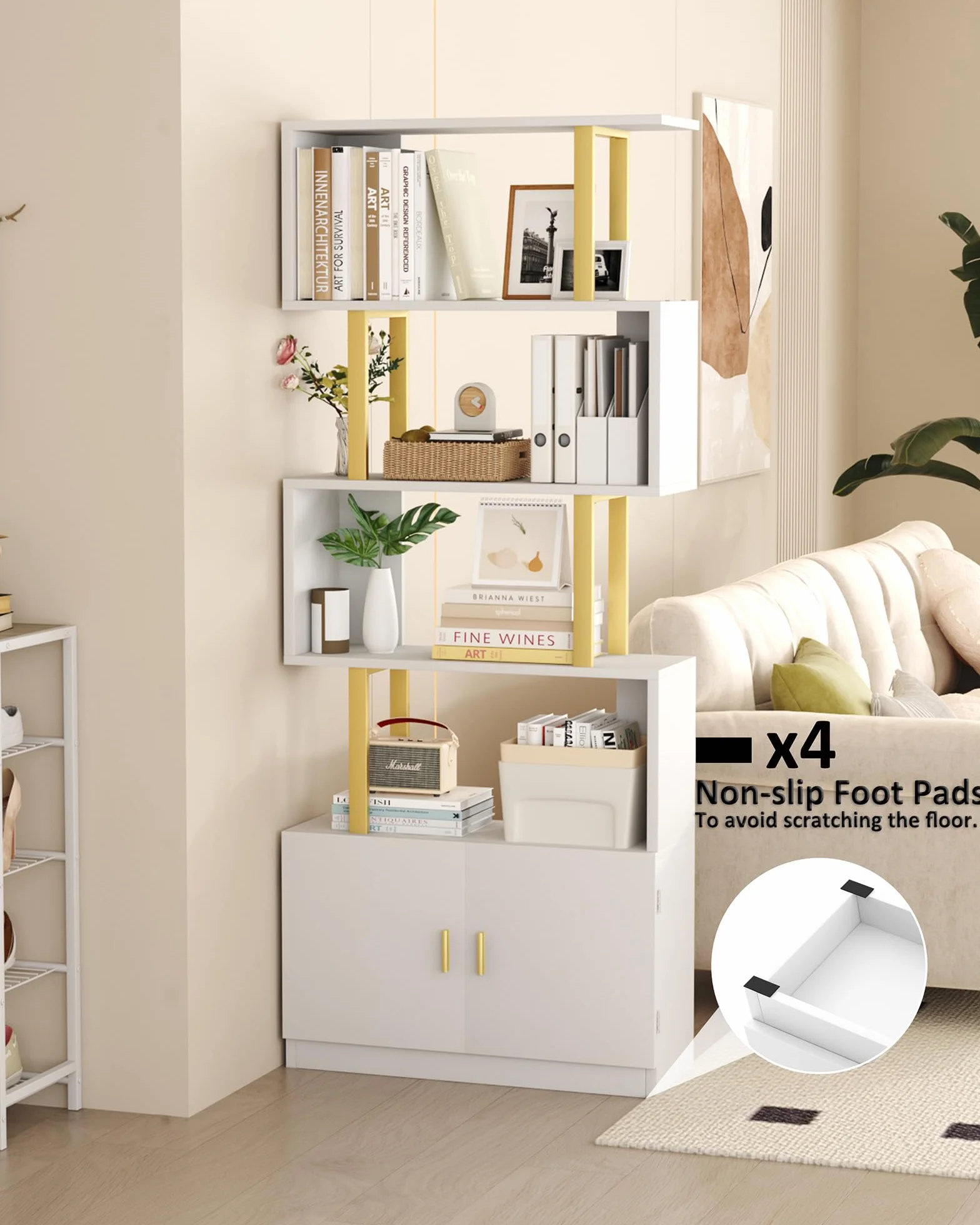 Yusong Geometric Bookcase with Cabinet, S Shaped Bookshelf 5-Tier Book Shelves for Bedroom, Modern Wood Decorative Display Shelf Tall Book Case for Home Office, Gold and White