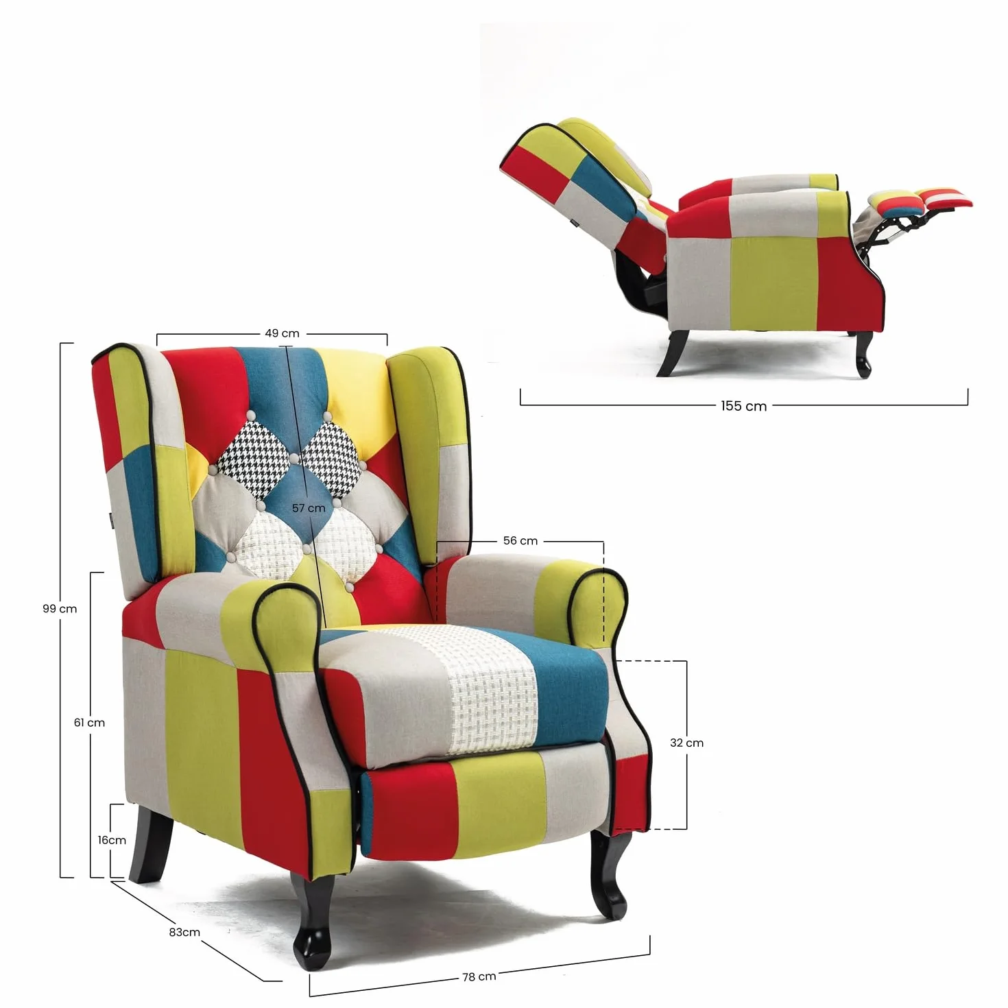 BRIGROS La voglia di fare WeHome - Recliner Chair with Ergonomic Fabric Seat, Bed Chair, Adjustable Backrest, for Living Room, Living Room and Office (Patchwork, Patchwork)