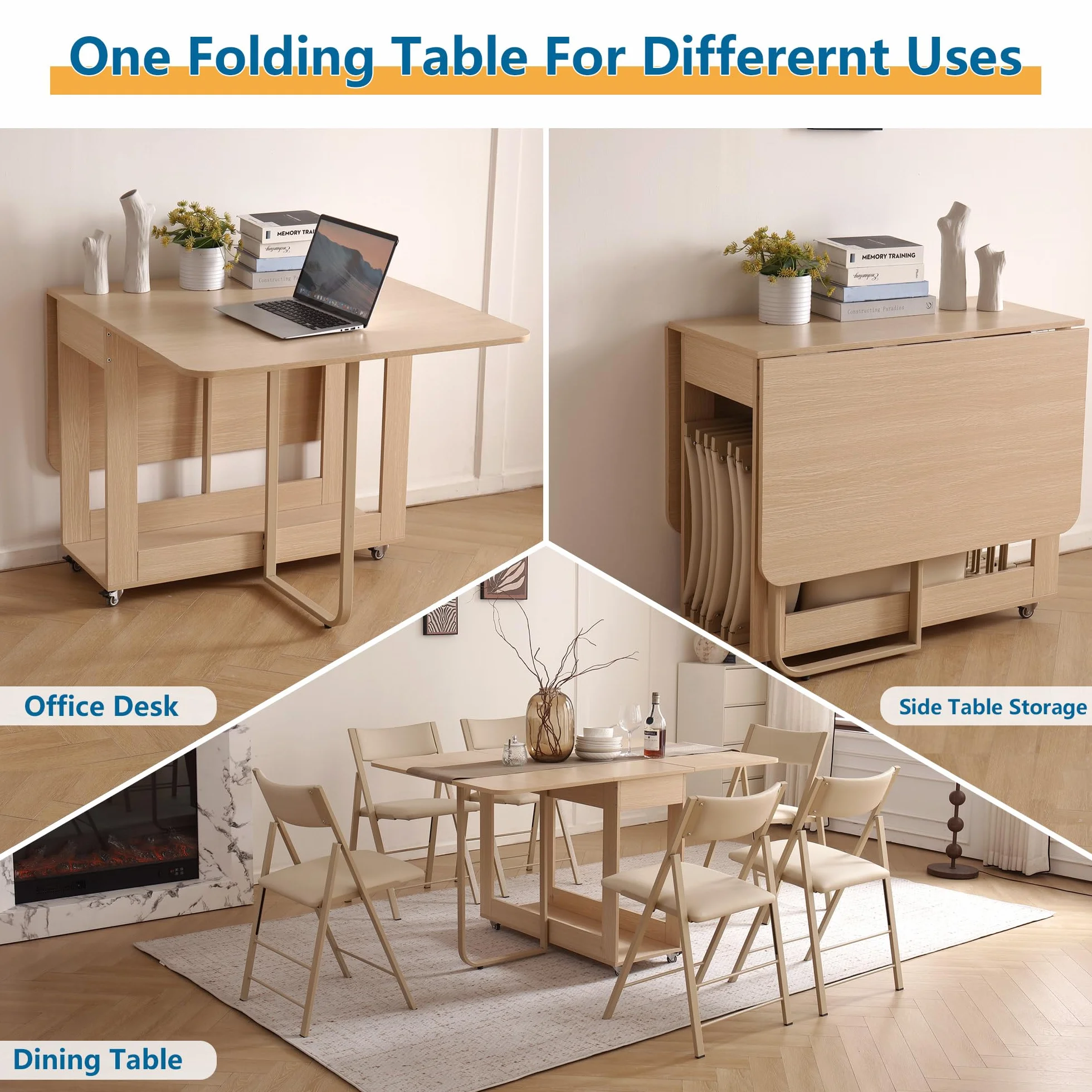 Folding Dining Table, 35.4" x 54.9" Expanded Drop Leaf Table for 4-6, Wood | 300lb Capacity, 2 Drawers, Lockable Wheels, Space-Saving Folding Kitchen Table for Dining Room/Apartments/RV/Home Office/Room