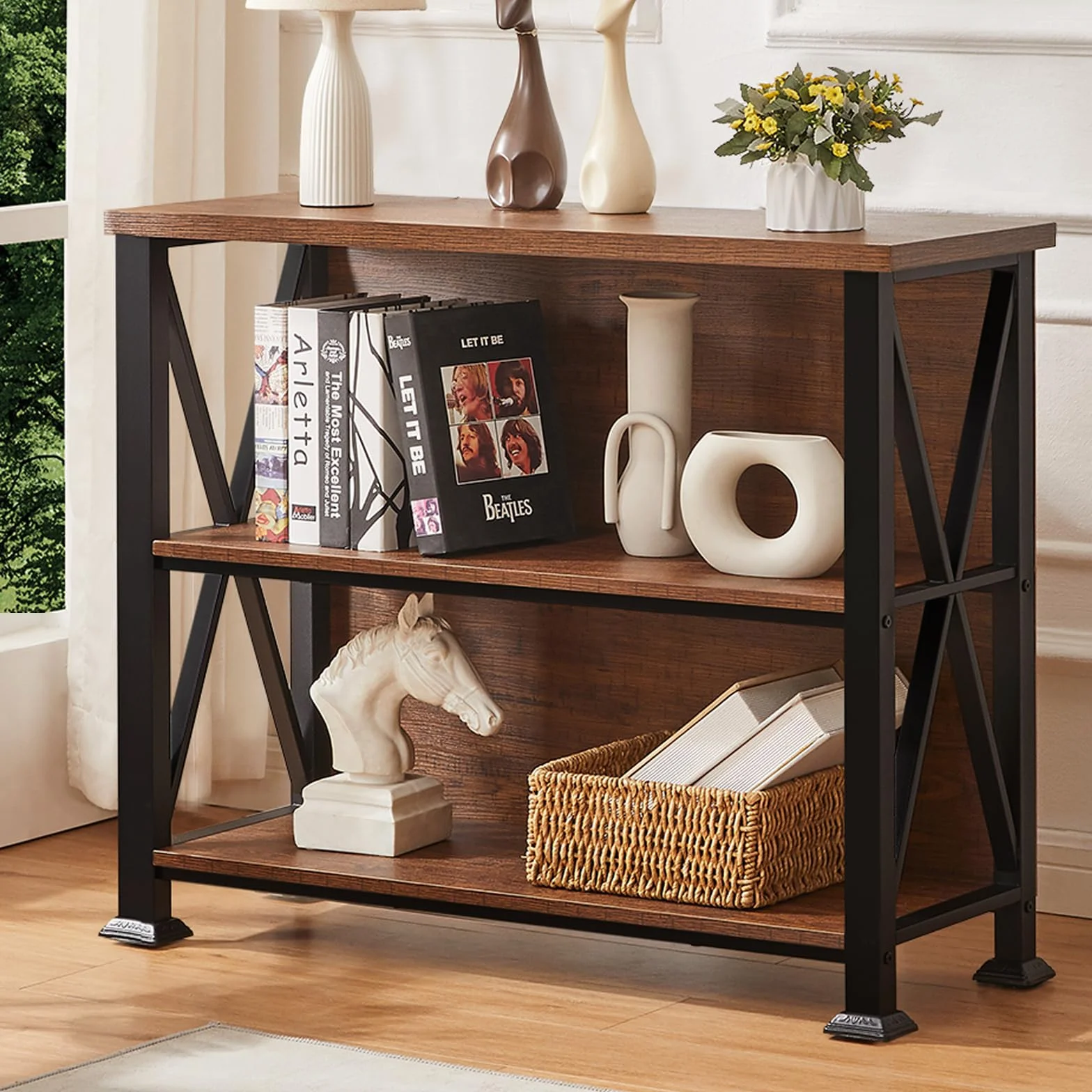 Hombazzar 3 Tier Bookshelf,35.4" Wide Short Bookshelf,Brown | Suitable for Office Living Room,Industrial Style,Sturdy X-shaped,Adjustable Feet, MDF Board & Metal,Easy Assemble