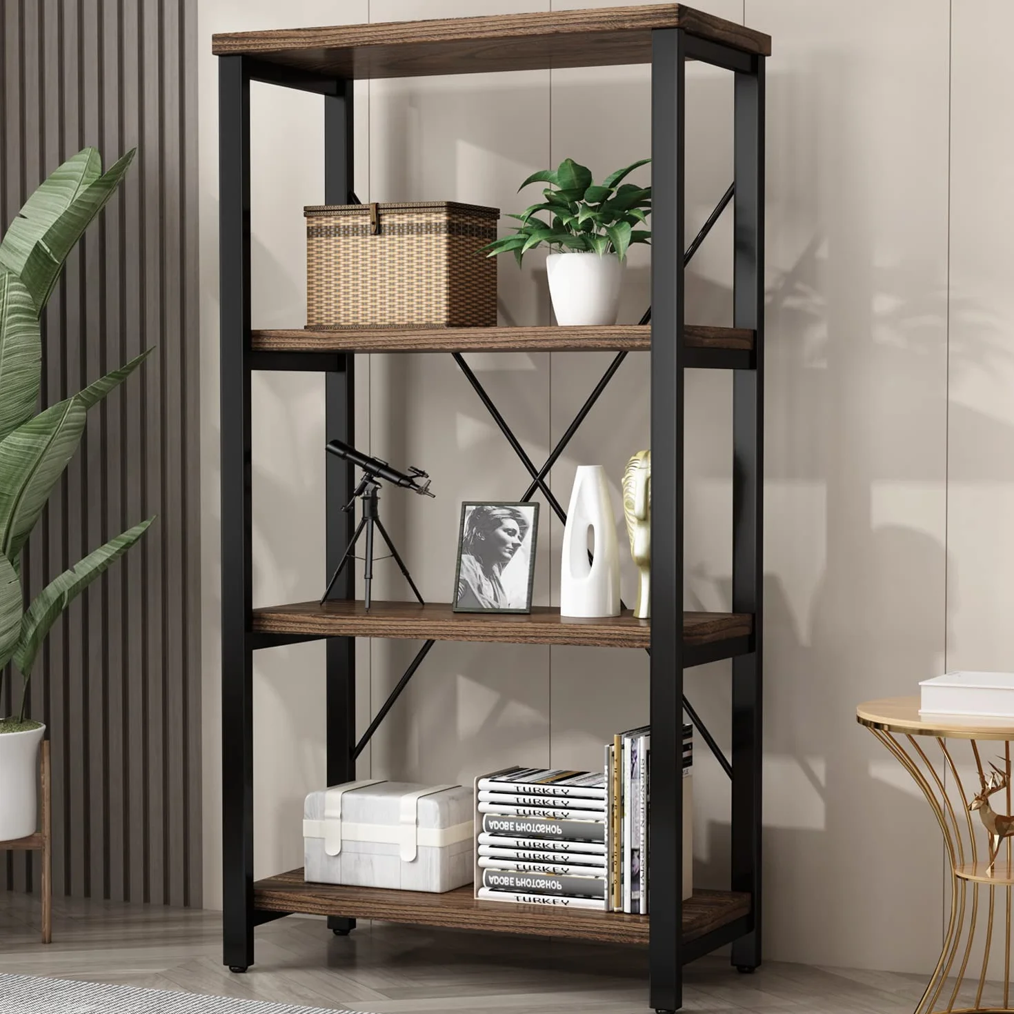 AY-AOYUAN 4 Tier Bookshelf, Solid Wood Bookcase Shelf Storage Organizer, Vintage Storage Rack with Open Shelves Rustic Standing Bookshelves for Living Room,Bedroom Rustic Brown(AY01-4tier)