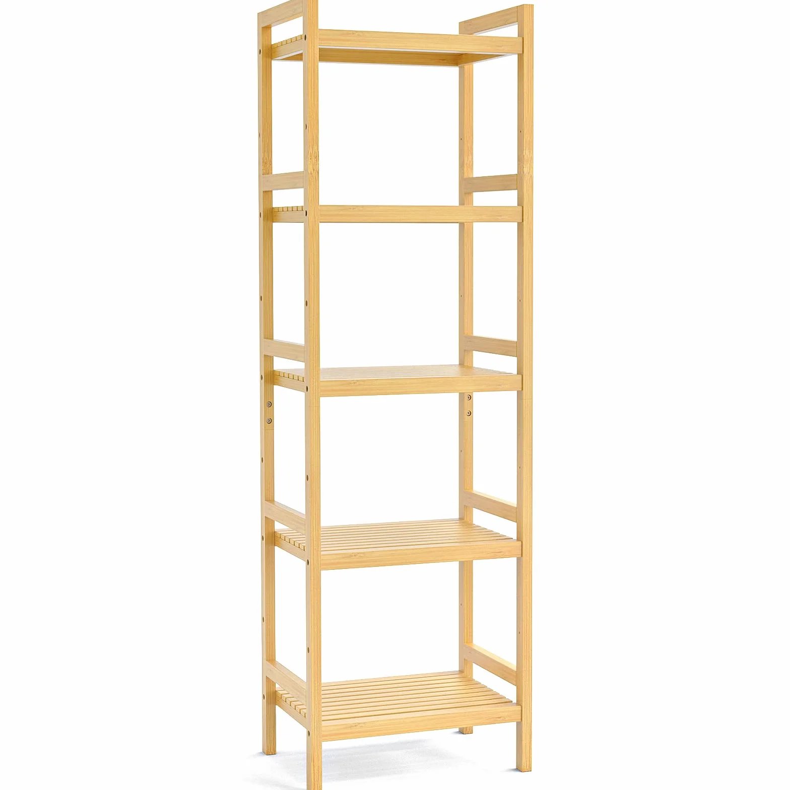 Bamboo Bookshelf, 5-Tier Narrow 55.9” Adjustable Book Shelf Bookcase Bathroom Shelves Freestanding Storage Stand for Living Room, Bedroom, Kitchen, Rust Resistance, Easy Assembly, Natural