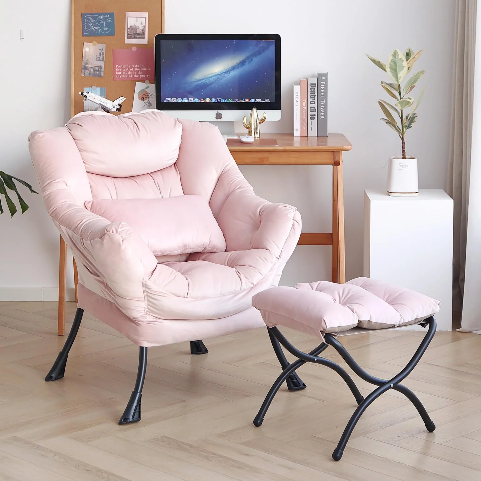 Lazy Chair with Ottoman, Velvet Reading Chair with Pillow，Pink | Comfy Accent Lounge Chair with Pillow & folding Foot Stool, sturdy metal frame for bedroom, dorm or apartment, Living Room