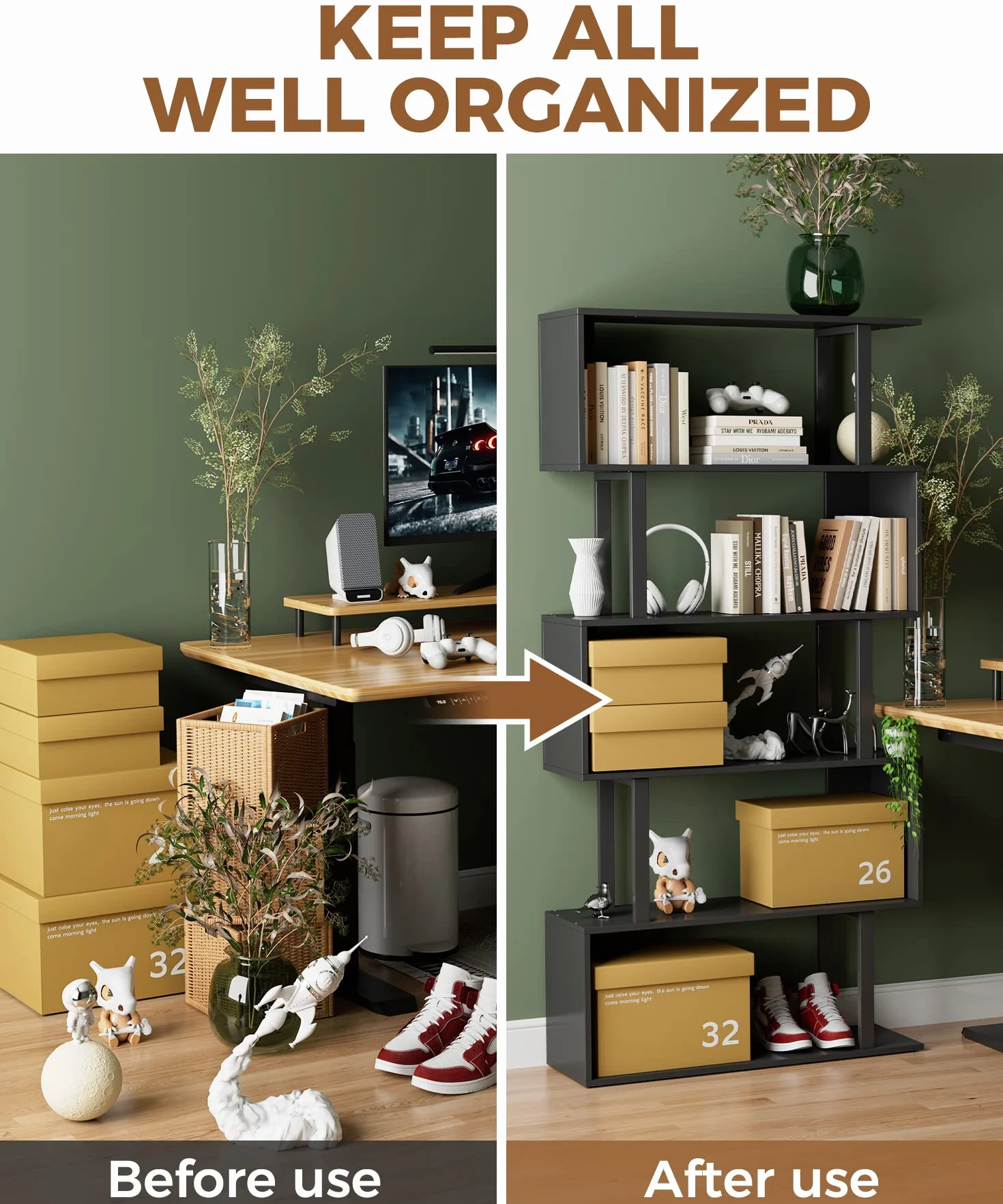 5-Tier Geometric Bookcase,S Shaped Bookshelf, Wood Decorative Storage Shelving, Modern Freestanding Display Shelves, Tall Book Shelf Unit for Living Room Bedroom, Black