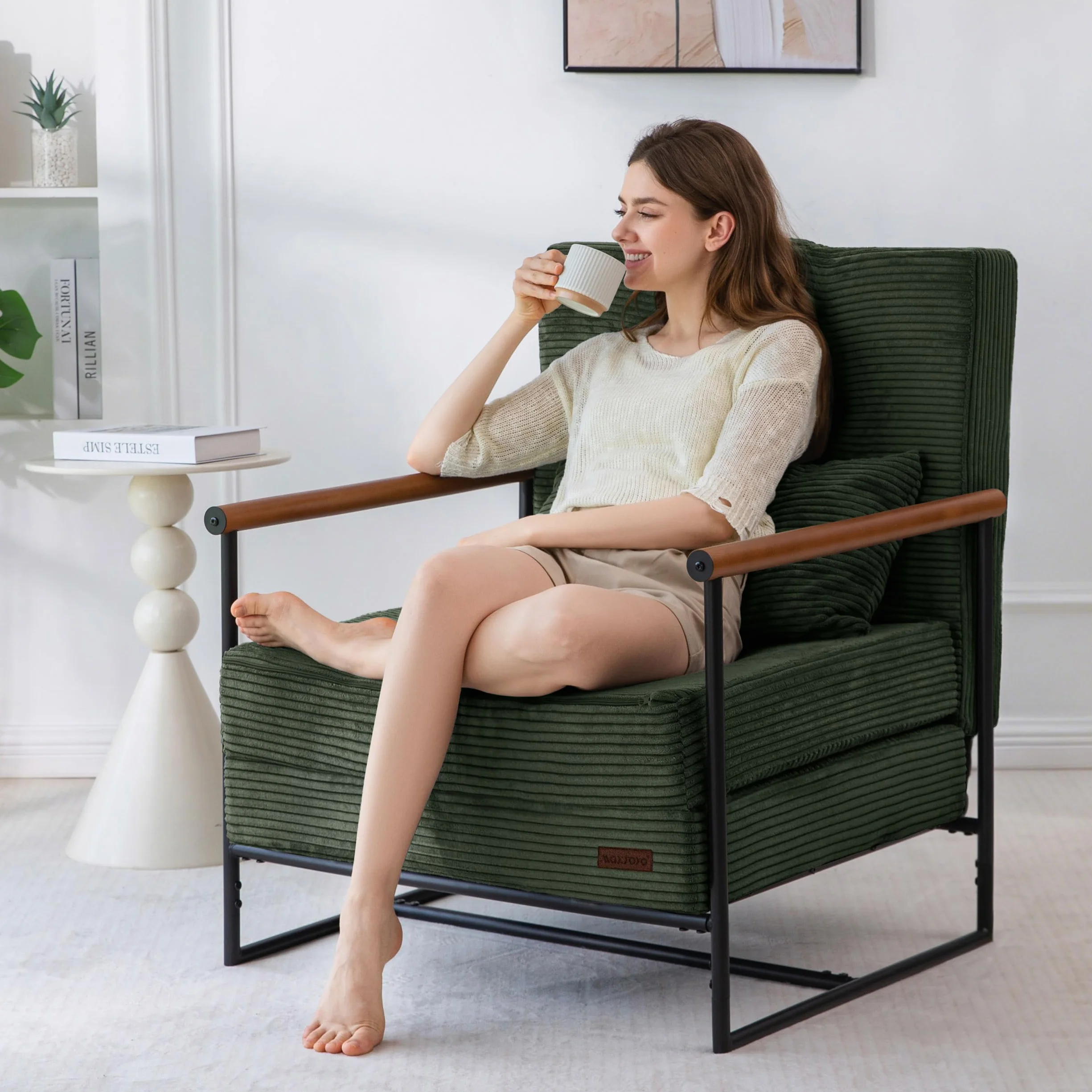 MAXYOYO Chair Bed, Adjustable Sleeper Chair, Single Sofa Bed with Frame | 2-in-1 Folding Lounge Chair, Adjustable Backrest and Tufted Corded Upholstery for Living Rooms or Bedrooms, Dark Green