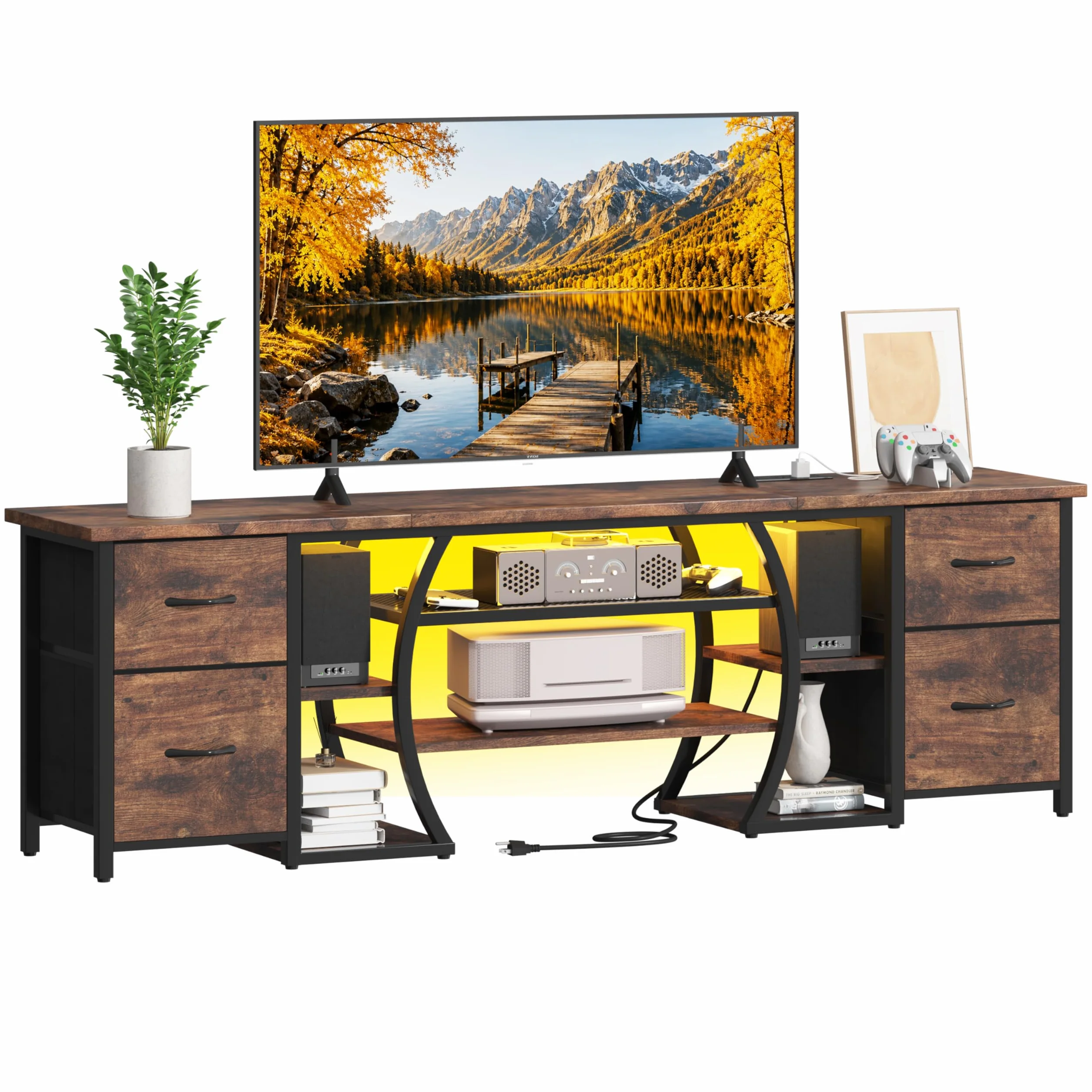 LED TV Stand for 65, 70, 80 Inch TV,71 Inch Industrial Entertainment Center with Power Outlets,Media Console Table with Open Storage Shelves & Fabric Drawers for Living Room Bedroom,Rusti Brown