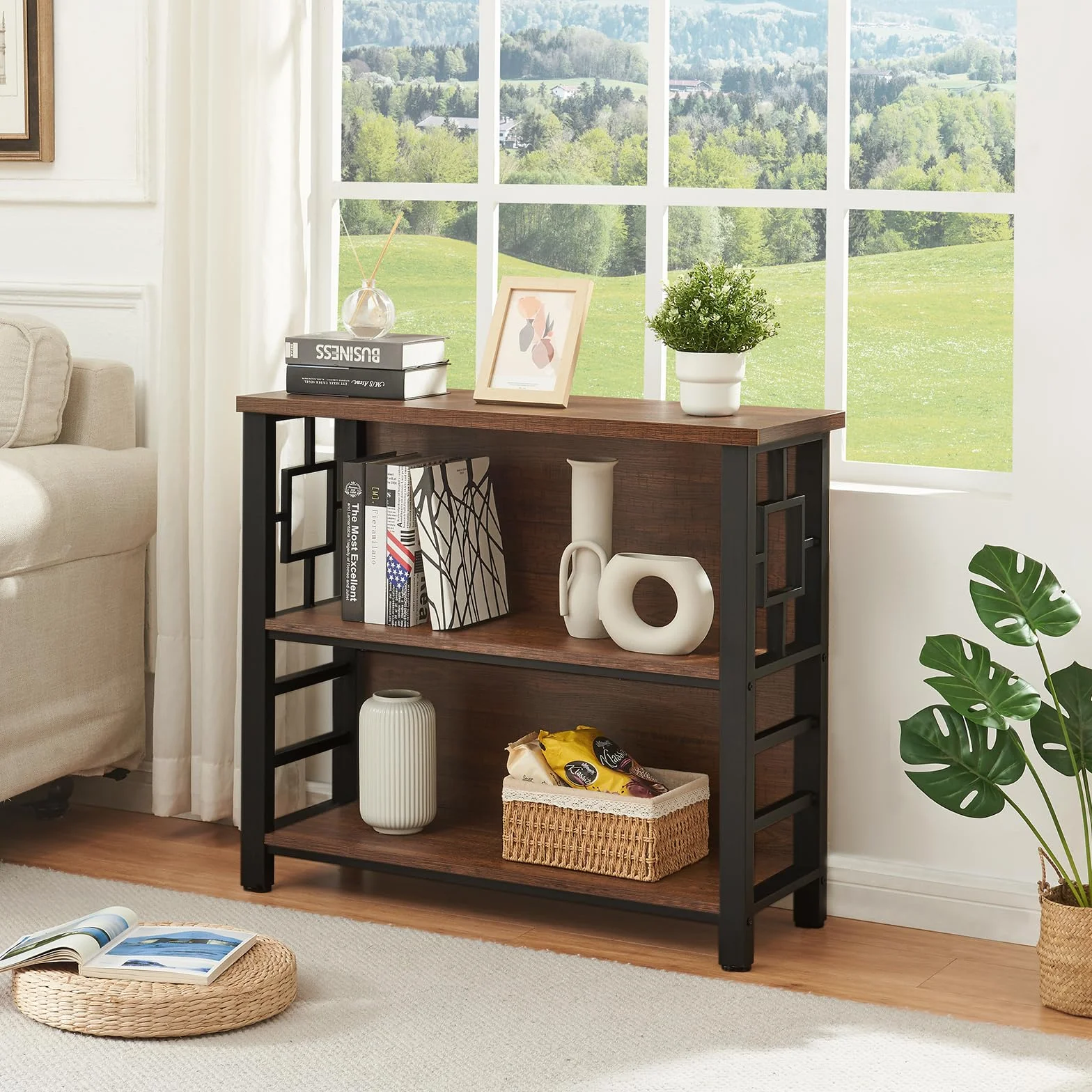 HOMISSUE Book Shelf, 3 Tier Deep Bookshelf with Storage, Engineered Wood and Metal Shelf Bookcase, Low Short Bookcases for Small Space, Living Room, Bedroom, Office, Rustic Brown