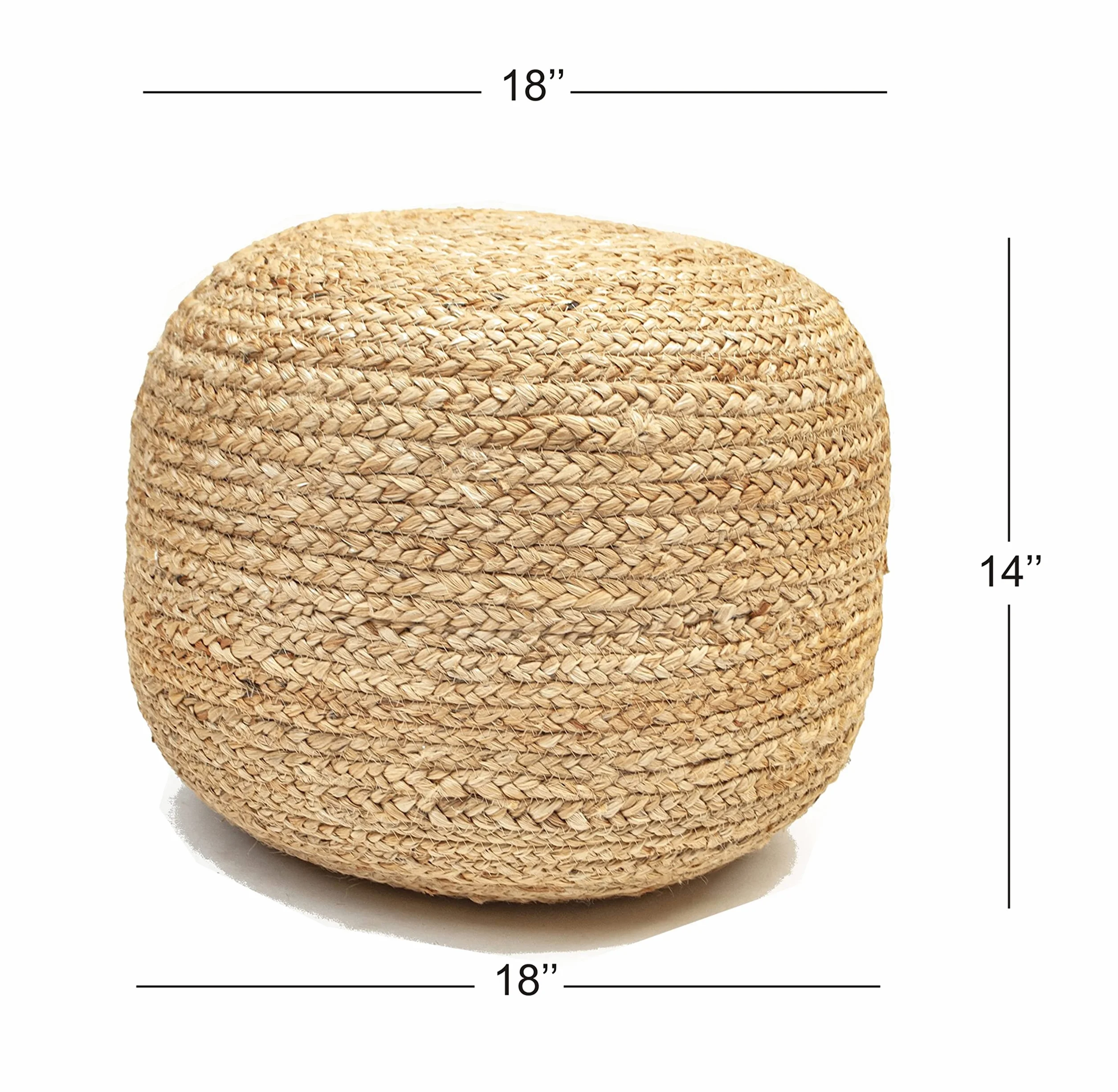 Chardin home- Natural Braided Ottoman Pouf - Cozy & Bohemian Jute/Hemp Hand Crafted Casual Seating for Home, Office, Bedroom, 18"x18"x14". (Golden Brown)