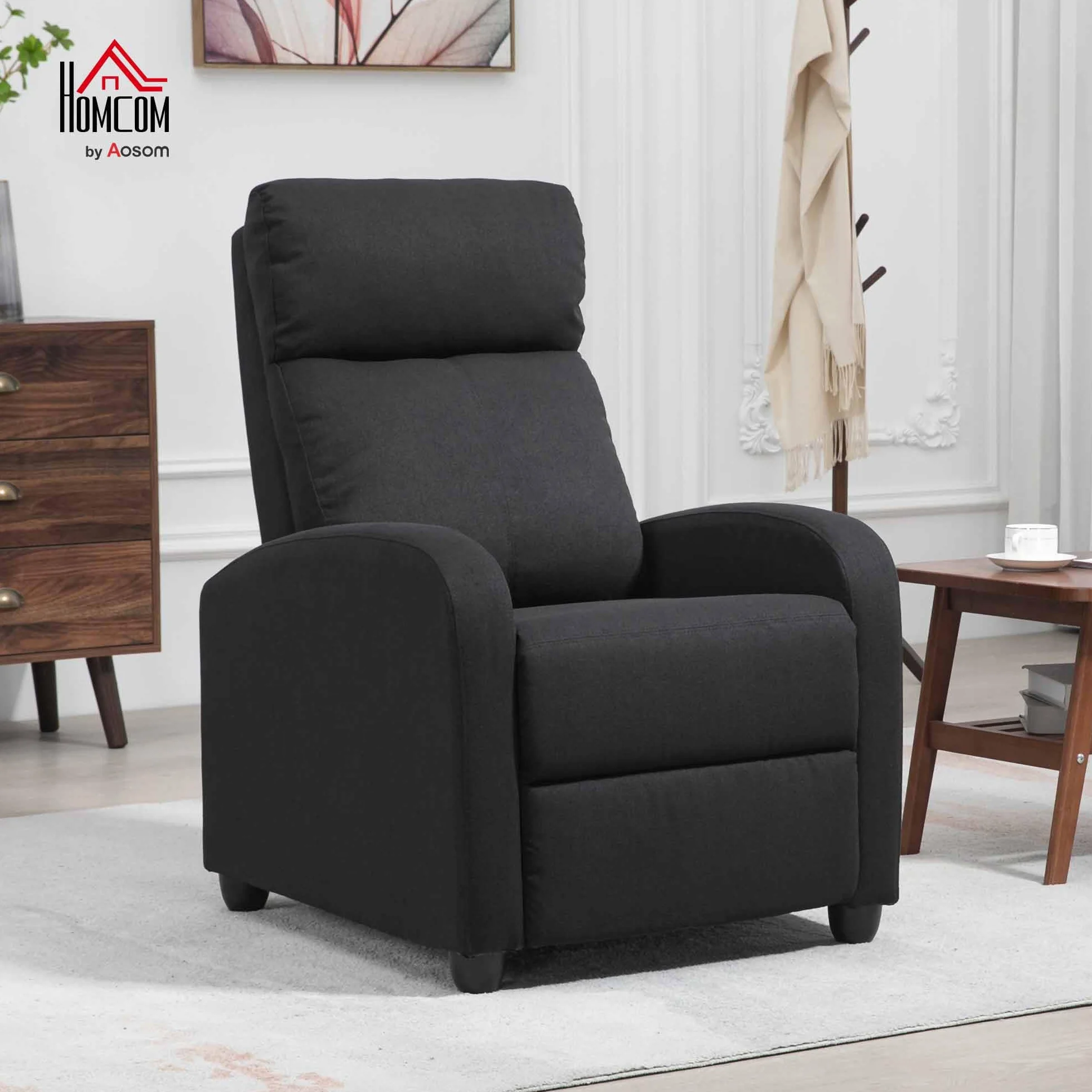 HOMCOM Manual Reclining Relax Armchair with Footrest, Reclining Armchair Upholstered in Linen and Steel Effect Fabric for Bedroom, Living Room and Living Room, Black