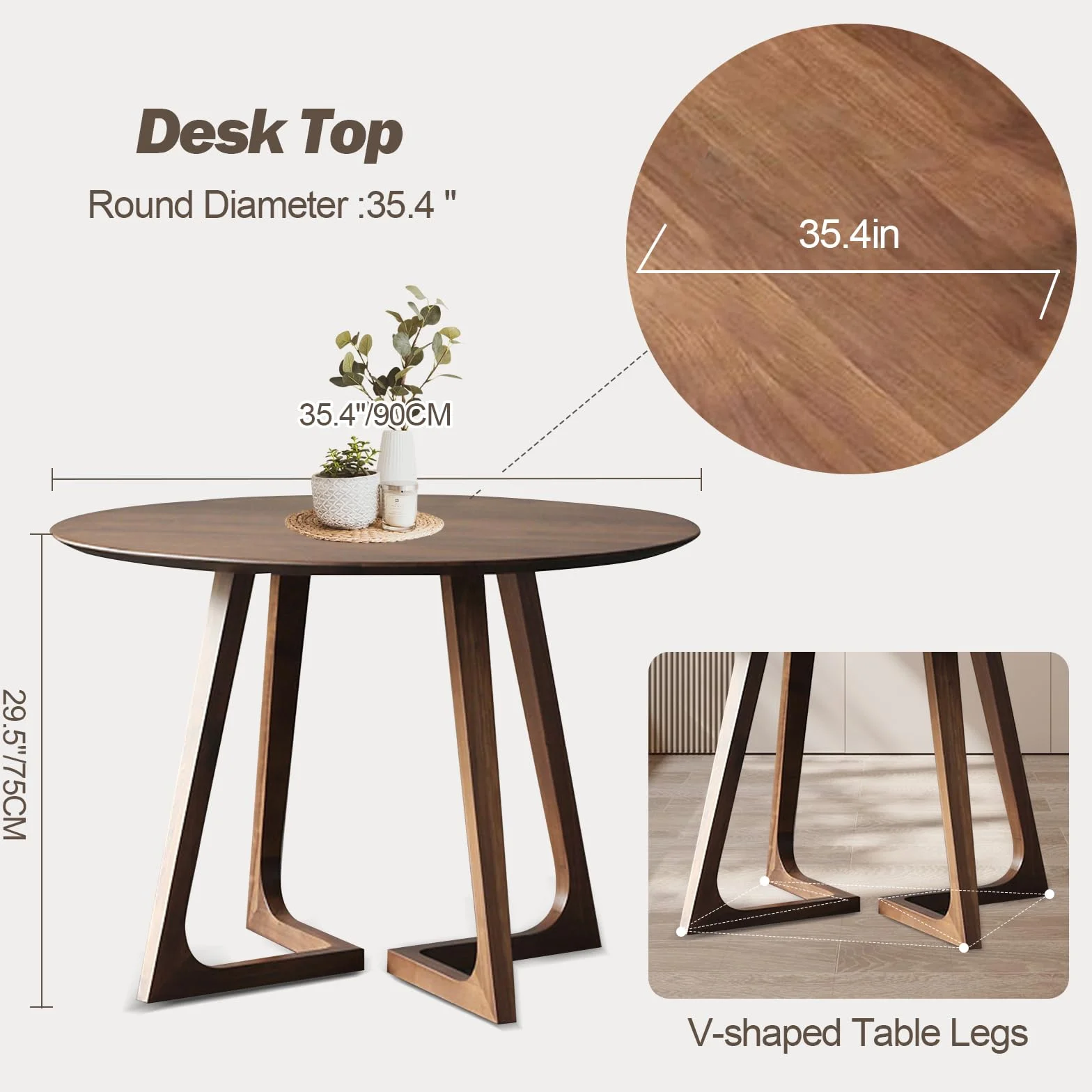 Walnut Round Dining Table for 4, 35.4" Small Wood Round Kitchen Table with Solid Wood Legs, Mid Century Modern Dining Room Tables for Home, Restaurant,Circle Coffee Table for Small Space