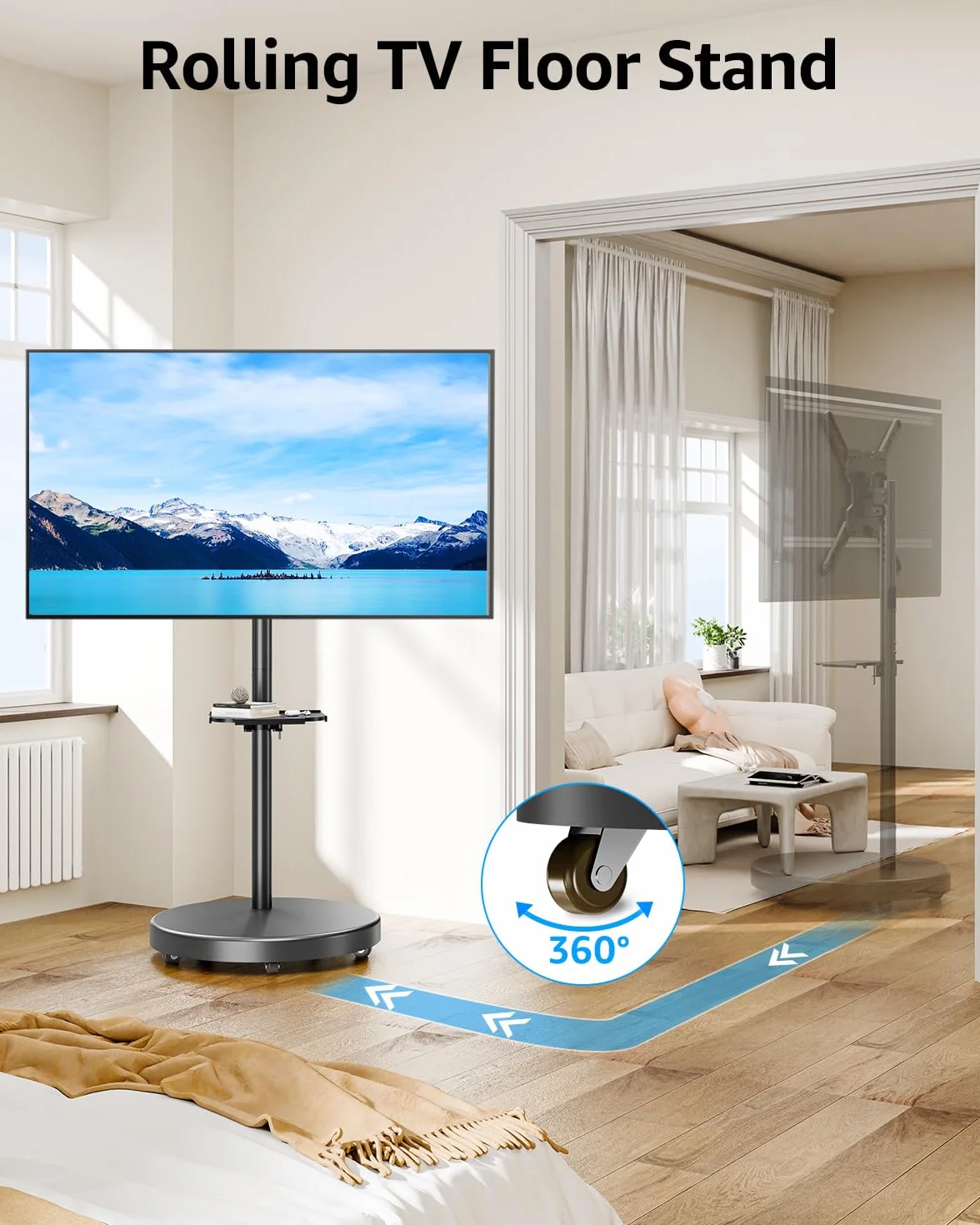 MOUNTUP Rolling Mobile TV Cart for 32-65 Inch TVs, Rotatable Floor TV Stand Compatible with The Frame TVs - 90° Landscape to Portrait, Height Adjustable TV Cart on Wheels, Max VESA 400x400mm
