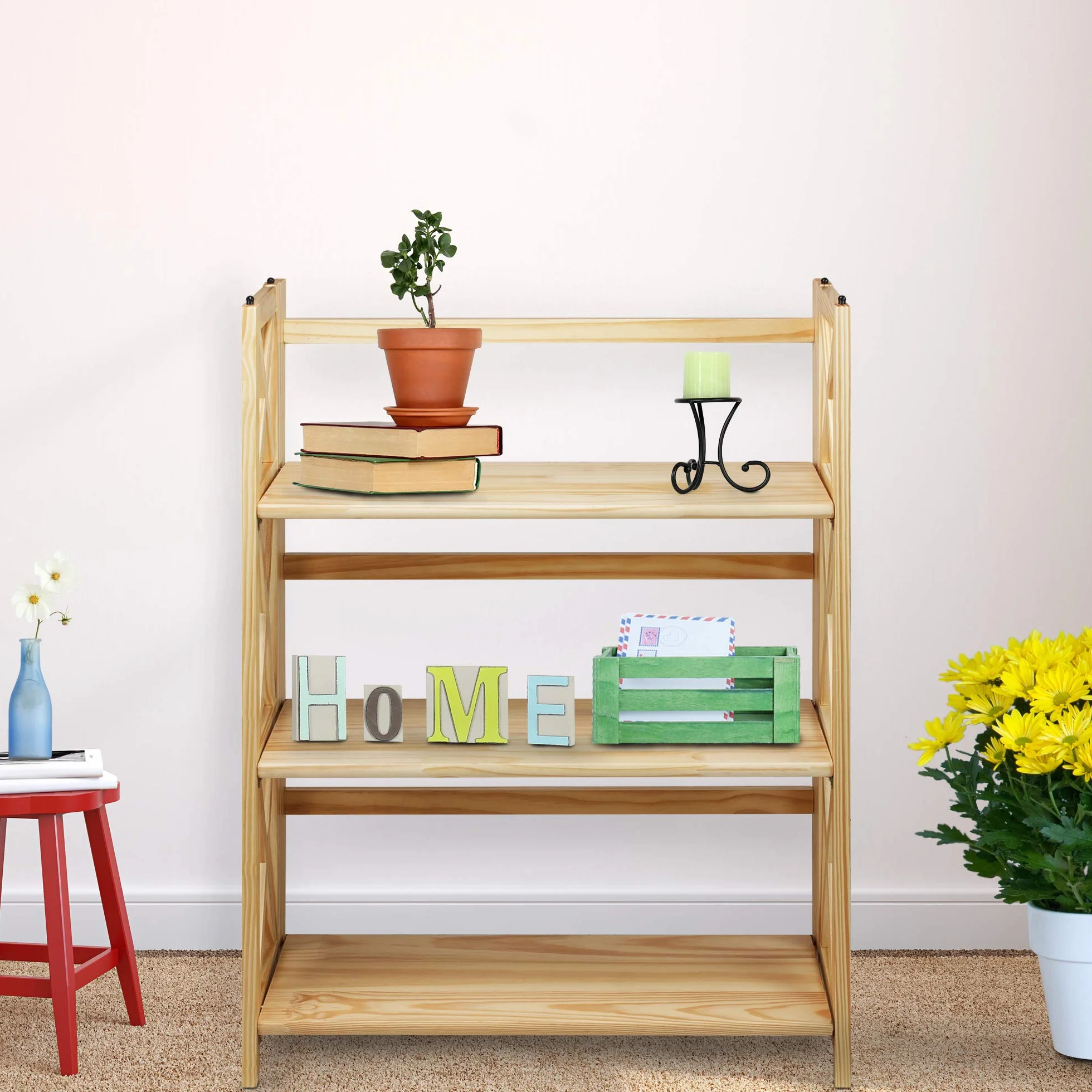 Casual Home Montego 3-Shelf Folding Bookcase, Natural , 27.5" Wide