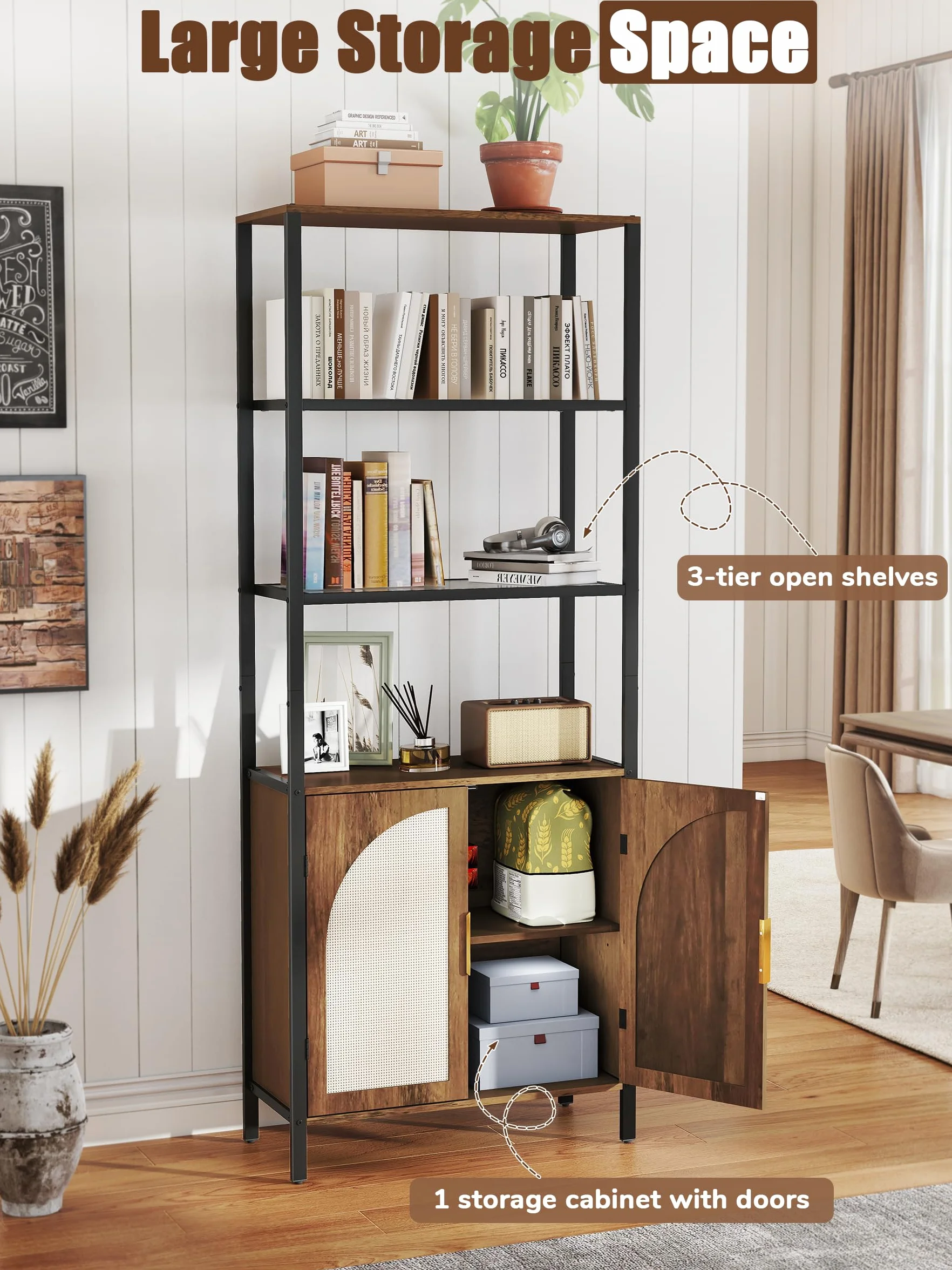 71" Tall Rattan Bookcase with LED Light, 3 Open Shelves & 2 Door Storage Cabinet, Mid Century Boho Bookshelf, Open Display Bookcase for Living Room, Home Office, Bedroom