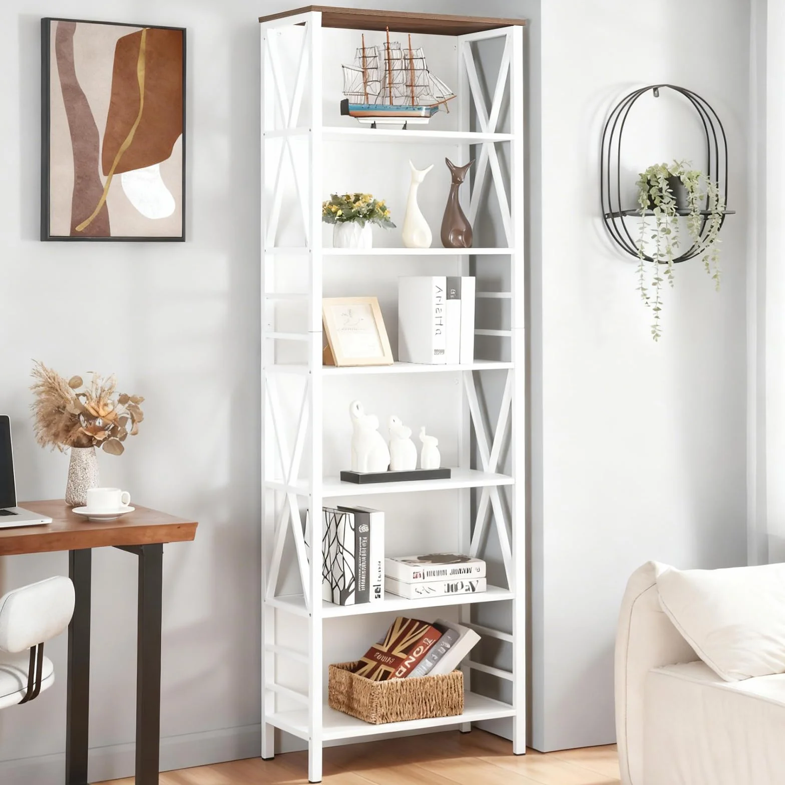 HOMISSUE Bookshelf, 7-Tier Bookshelf, Rustic Wood Metal Bookshelves and Bookcases, Freestanding Open Bookshelf, Industrial Tall Bookcase for Home Office, Living Room and Bedroom, White