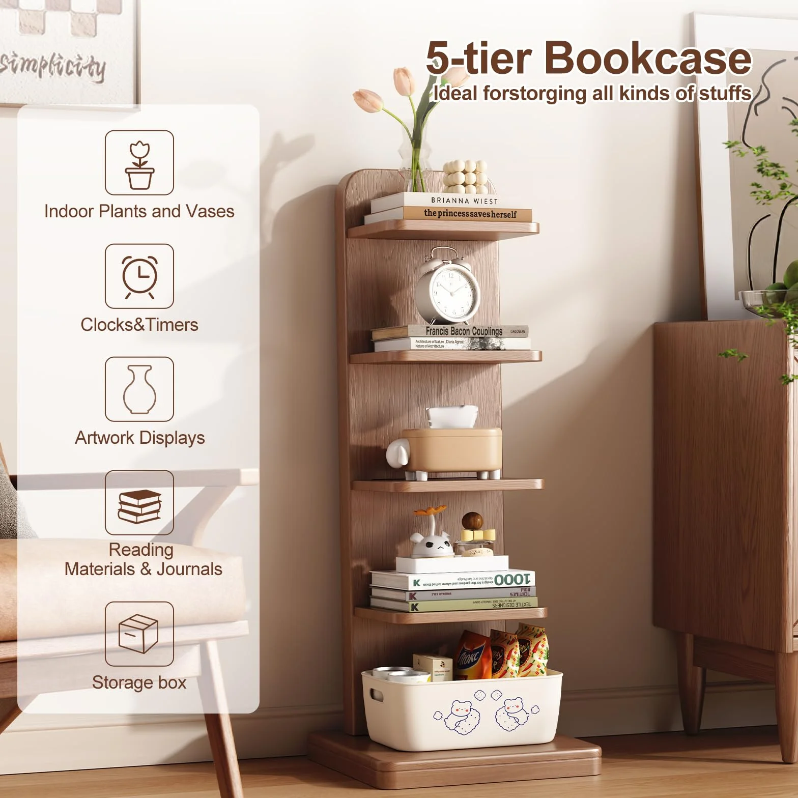WoodsWhisper Solid Wood 5-Tier Narrow Bookshelf Small Spaces Open Storage | Solid Wood | Narrow Design | 5 Tier Storage | Anti-Tip | Easy Assembly