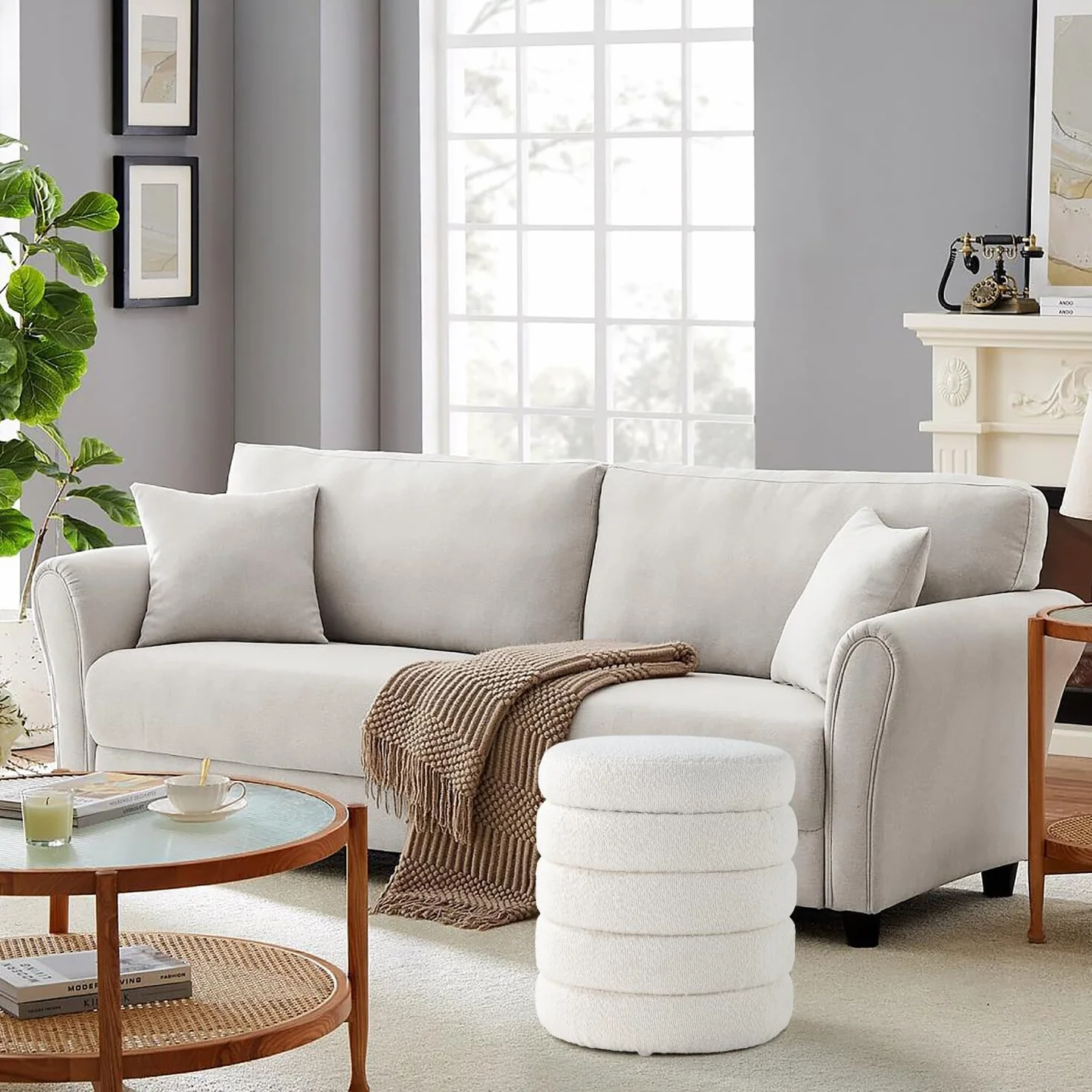 Modern Round Ottoman with Soft Padded Seat, Storage Vanity Chairs for Makeup, Upholstered Footrest Stool Ottoman Foot Stool for Living Room, Bedroom