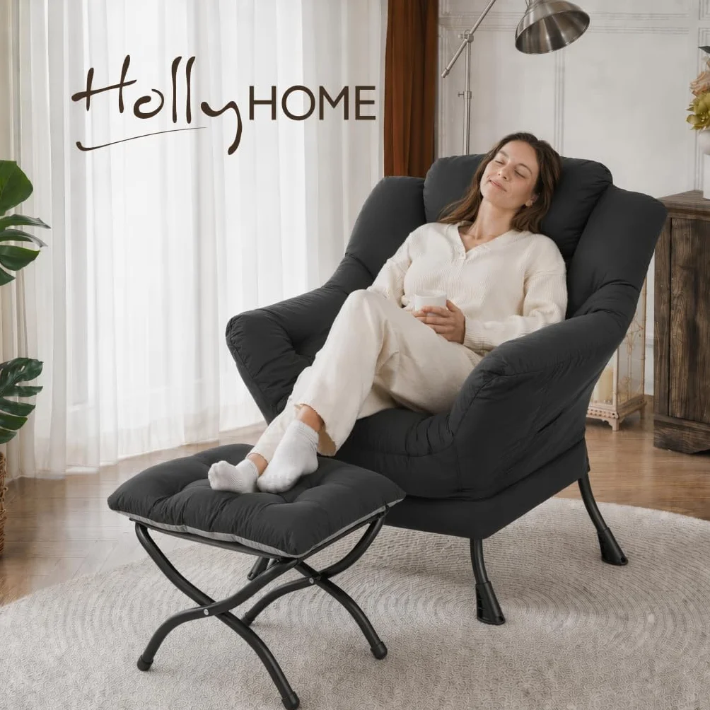 HollyHOME Lazy Chair with Foldable Ottoman, Accent Comfy Lounge Armchair and Folding Footrest Stool, Leisure Sofa Reading Chair and Footstool for Living Room, Bedroom, Dorm,Peachskin Fabric Black