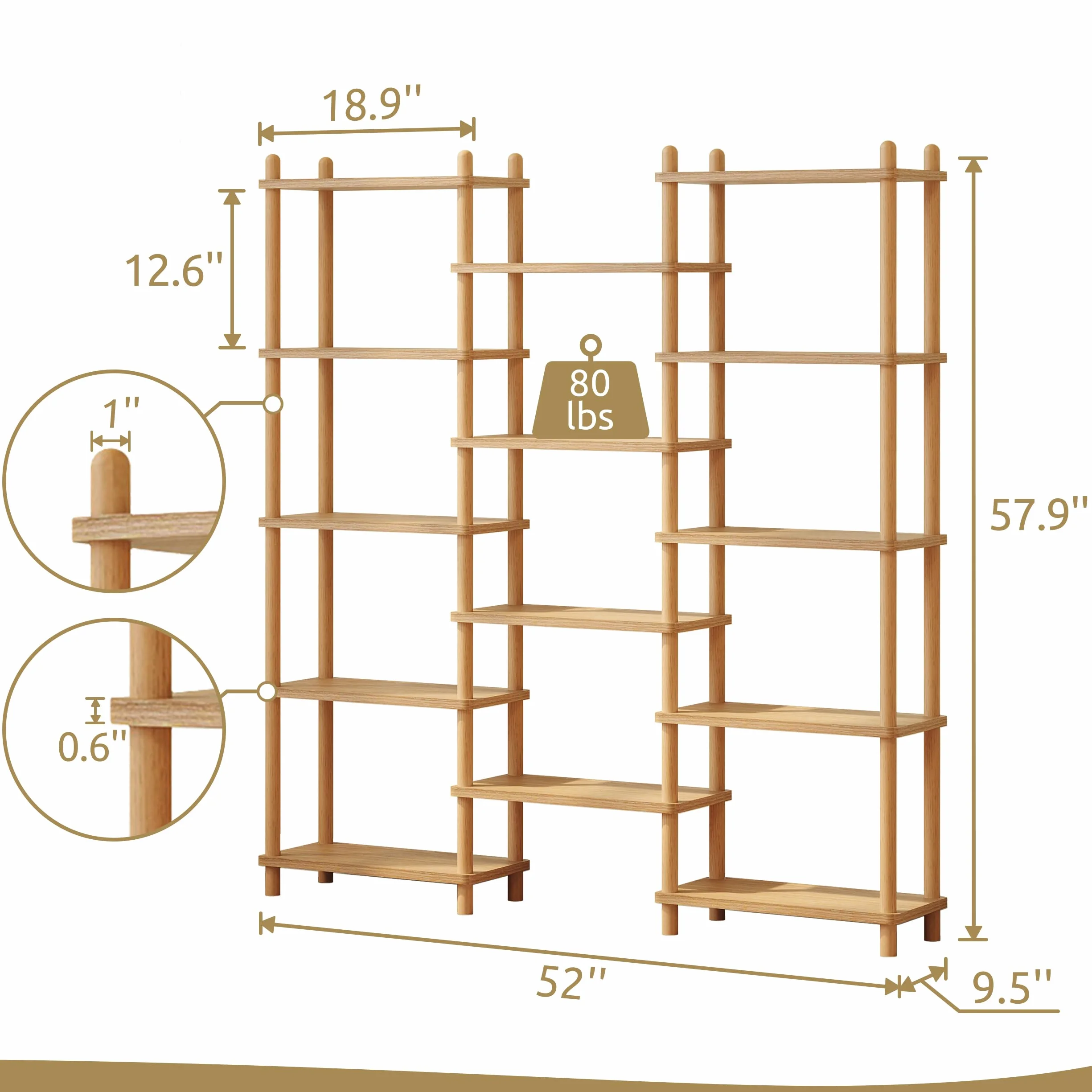 IOTXY Wooden Triple Wide Bookshelf, 5-Tier Large Open Bookcase, Oak | Beech Wood Frame, 14 Open Shelves, Display Storage for Books, Plants, and Decor, Living Room, Home Office