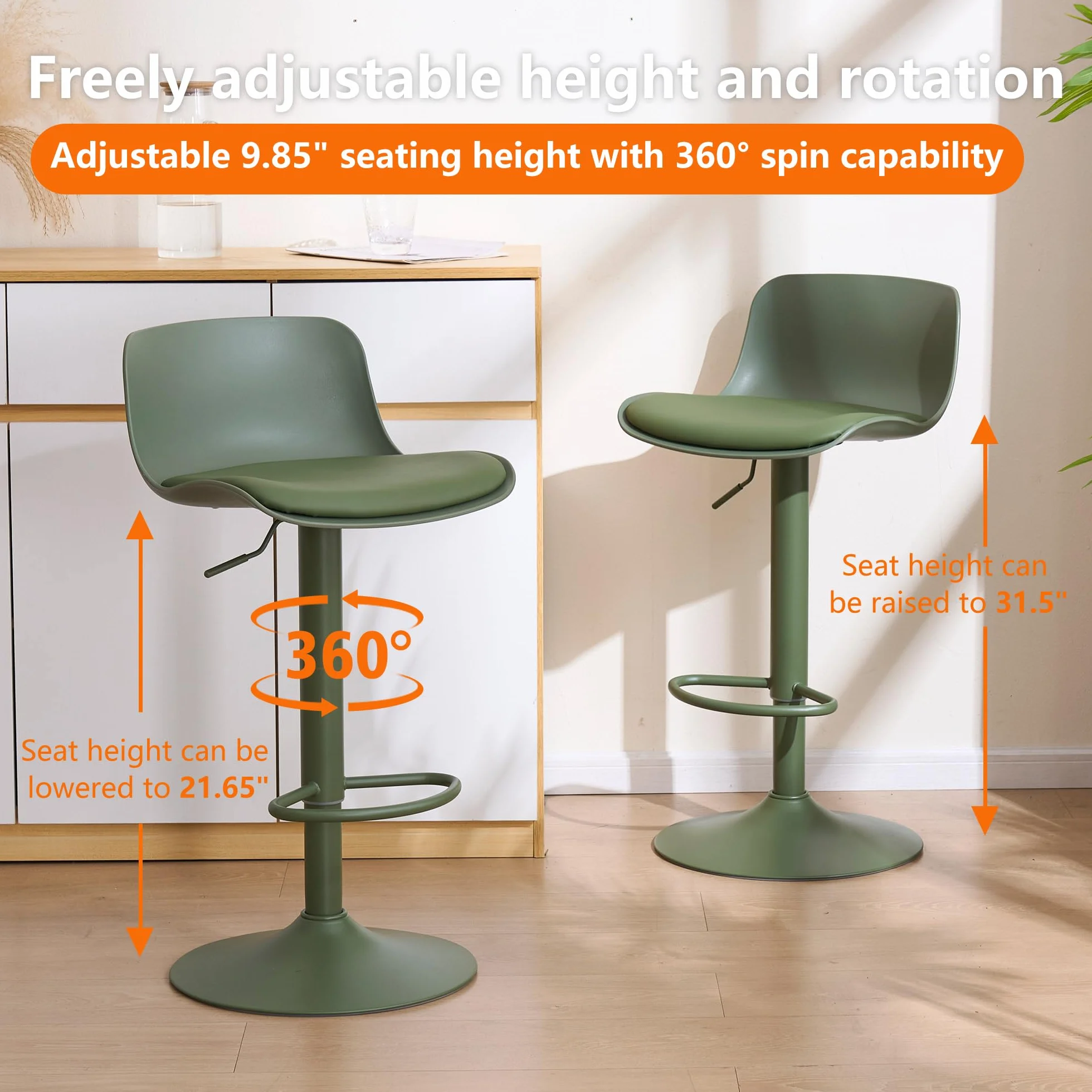 Kidol & Shellder Adjustable Swivel Bar Stools Set of 2 Olive Green | Modern PU Leather barstools, Counter Height Stools with Back, Metal Base for Kitchen Island Home Bar, Green Bar Stool
