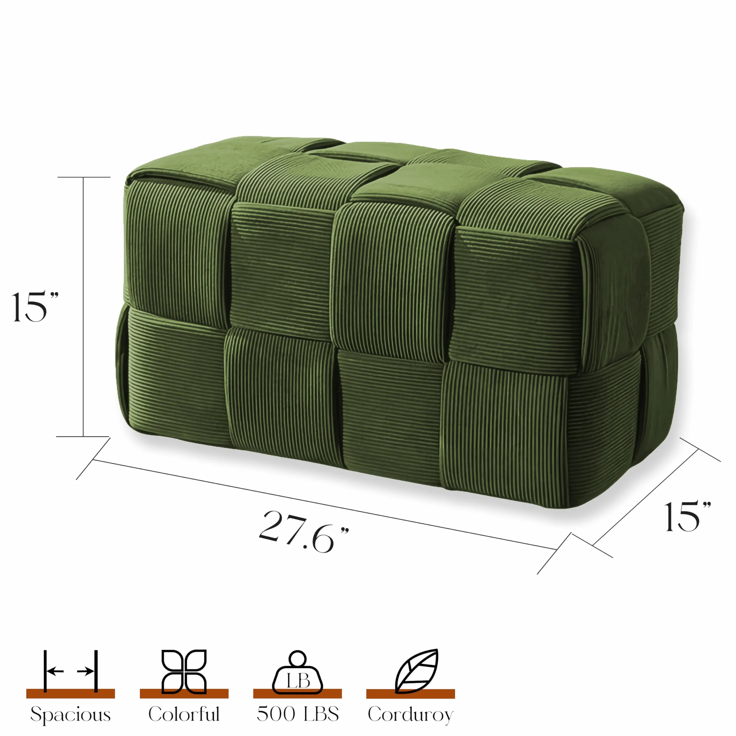 Cmishe 28" Rectangular Woven Corduroy Ottoman Footrest - Large Modern Entryway Bench & Bed End Stool, Sturdy Wood Frame, No Assembly (Green-L)