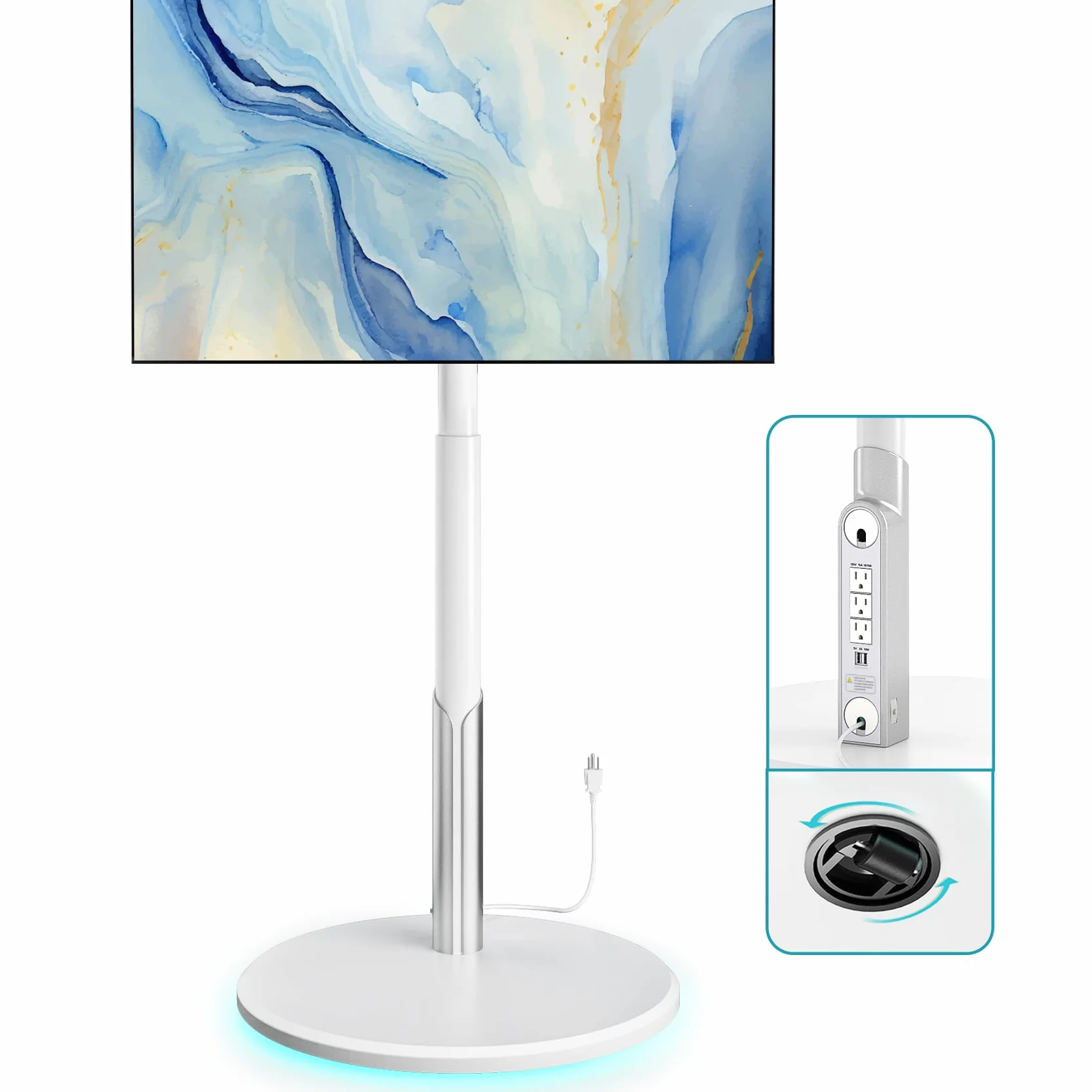 Floor Mobile TV Stand with Power Outlet, Rolling TV Cart for 27-65 Inch OLED LED Monitors, 6 Levels of Height Adjustment, Ambient Lighting on The Bottom Wheels Holds up to 88lbs, 400x400mm