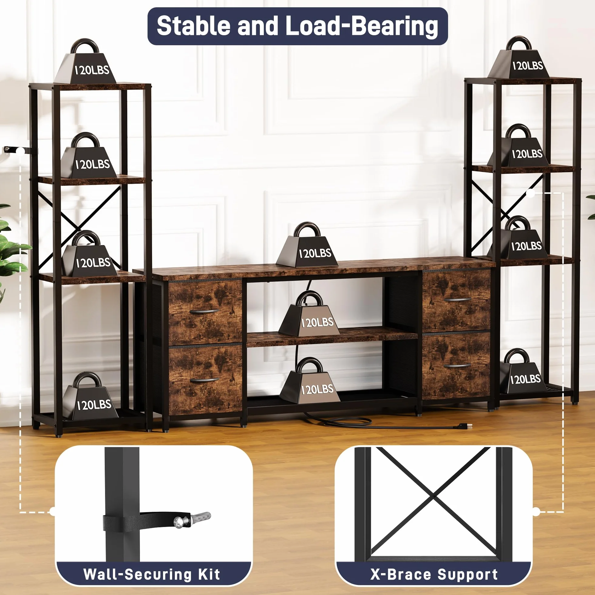 LED TV Stand Bookshelf Combo with Charging Station for 65 60 55 Inch TV, Entertainment Center with Lights & Drawers, Industrial Media TV Console Table for Living Room Bedroom Office, Rustic Brown