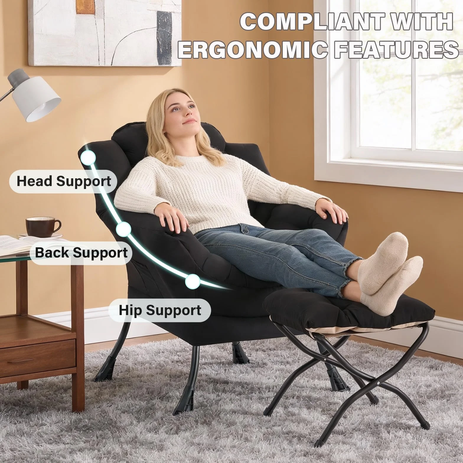 MBOOYOME Modern Lazy Chair with Ottoman, Comfy Accent Reading Chair, Black | Removable & Machine-washable Cover,with Armrests & Side Pockets,Upholstered Lounge Chair for Bedroom,Dorm,Office,Small Space