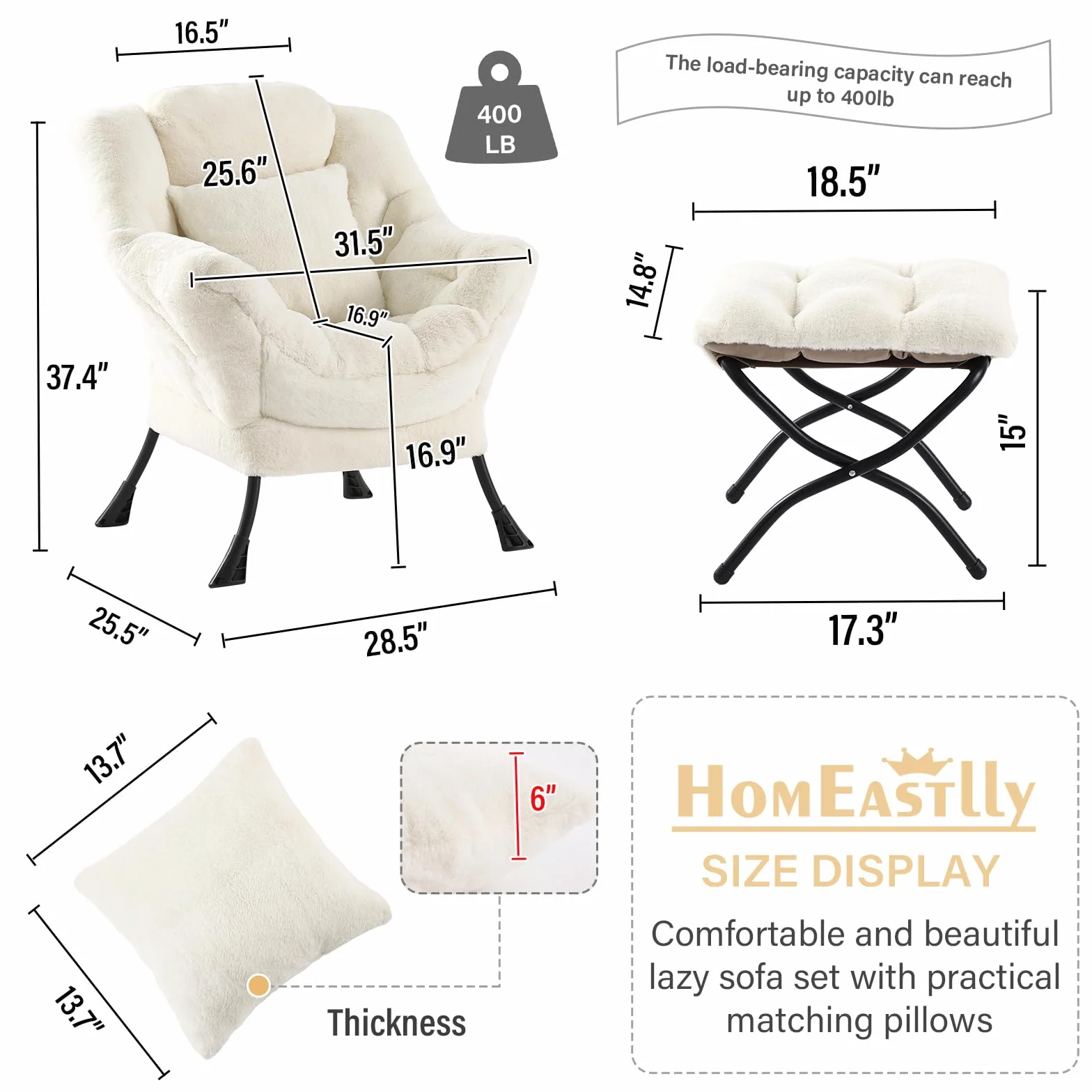 Lazy Chair with Ottoman, Plush Reading Chair with Pillow, Lvory | Removable machine-washable cover; includes an extra throw pillow; cozy accent chair for living room, bedroom, dorm or office