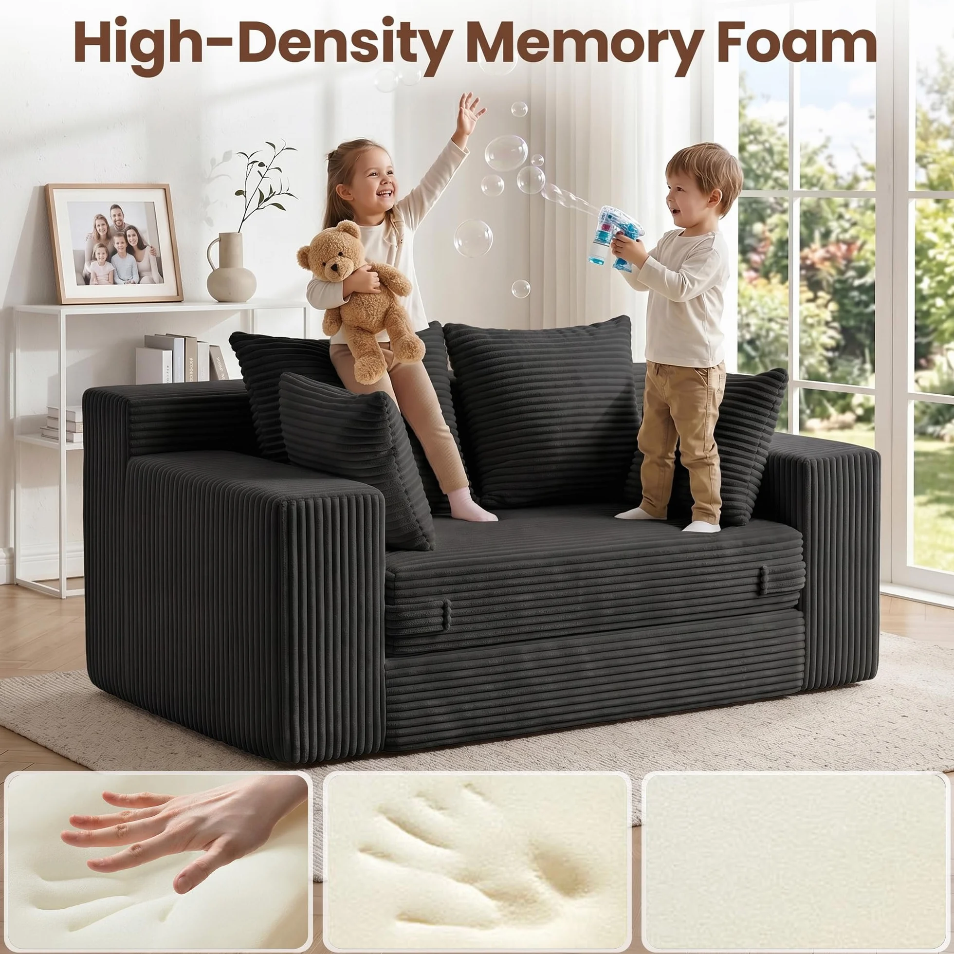 Boneless Mini Couch 53 Inch, 3-in-1 Black Boneless Couches Covertible Sofa Bed with 4 Pillows, Small Couches for Living Room, Bedroom, Small Space
