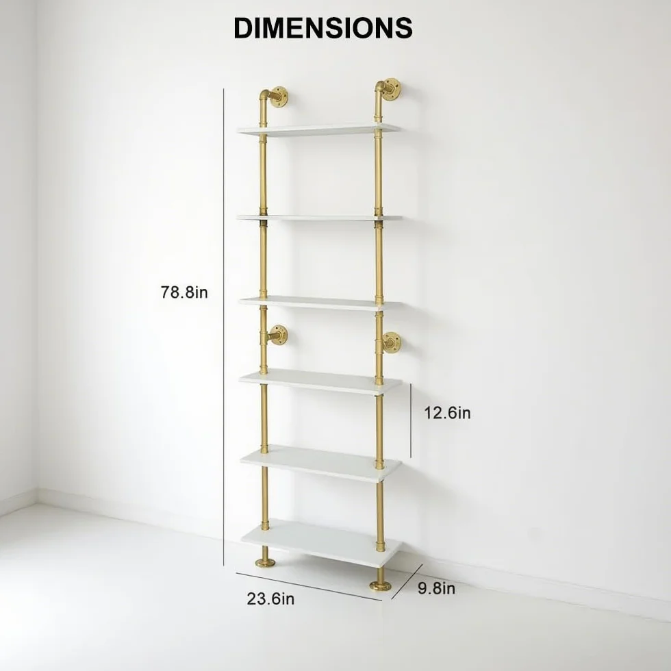 Industrial Gold Bookshelf-6 Tier Wall Mounted Ladder Bookshelf, Rustic Gold Storage Book Shelves Display Bookcases for Living Room/Home/Office