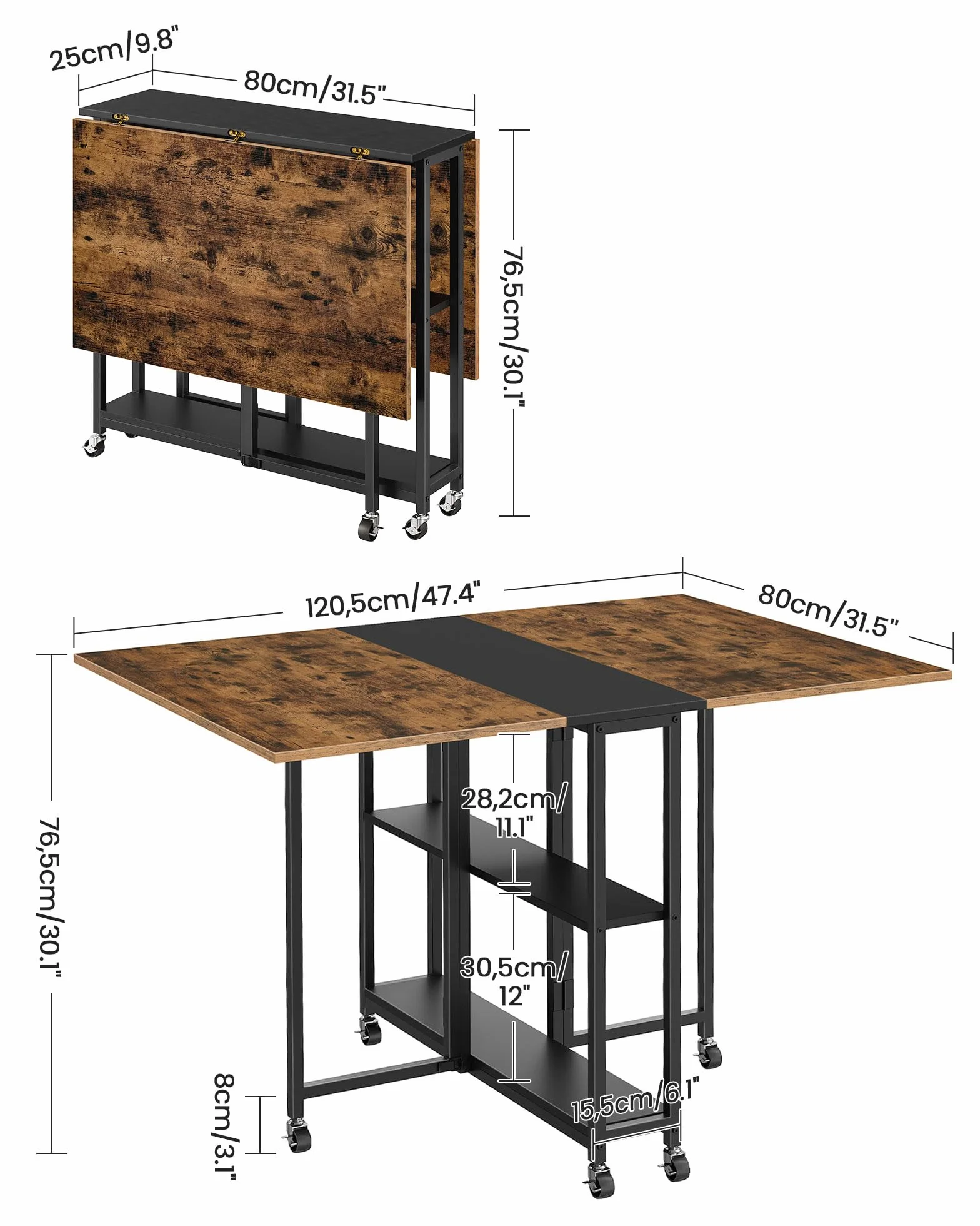 Folding Dining Table, Movable Dining Table, Expandable Kitchen Table, Versatile Table with 6 Wheels and 2-Tier Shelf, for Dining, Living Room, Apartment, Rustic Brown TCZ01BF