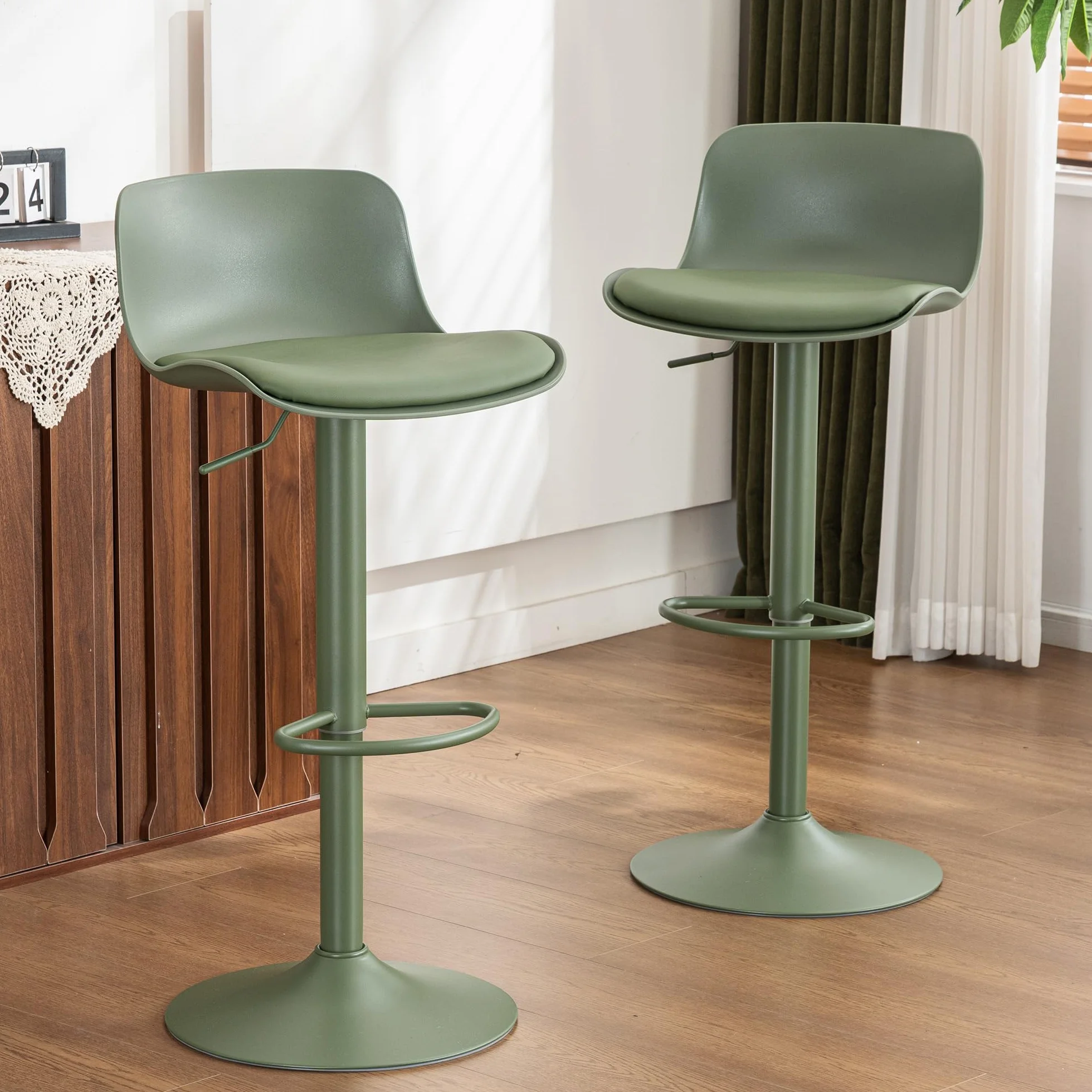 Kidol & Shellder Adjustable Swivel Bar Stools Set of 2 Olive Green | Modern PU Leather barstools, Counter Height Stools with Back, Metal Base for Kitchen Island Home Bar, Green Bar Stool