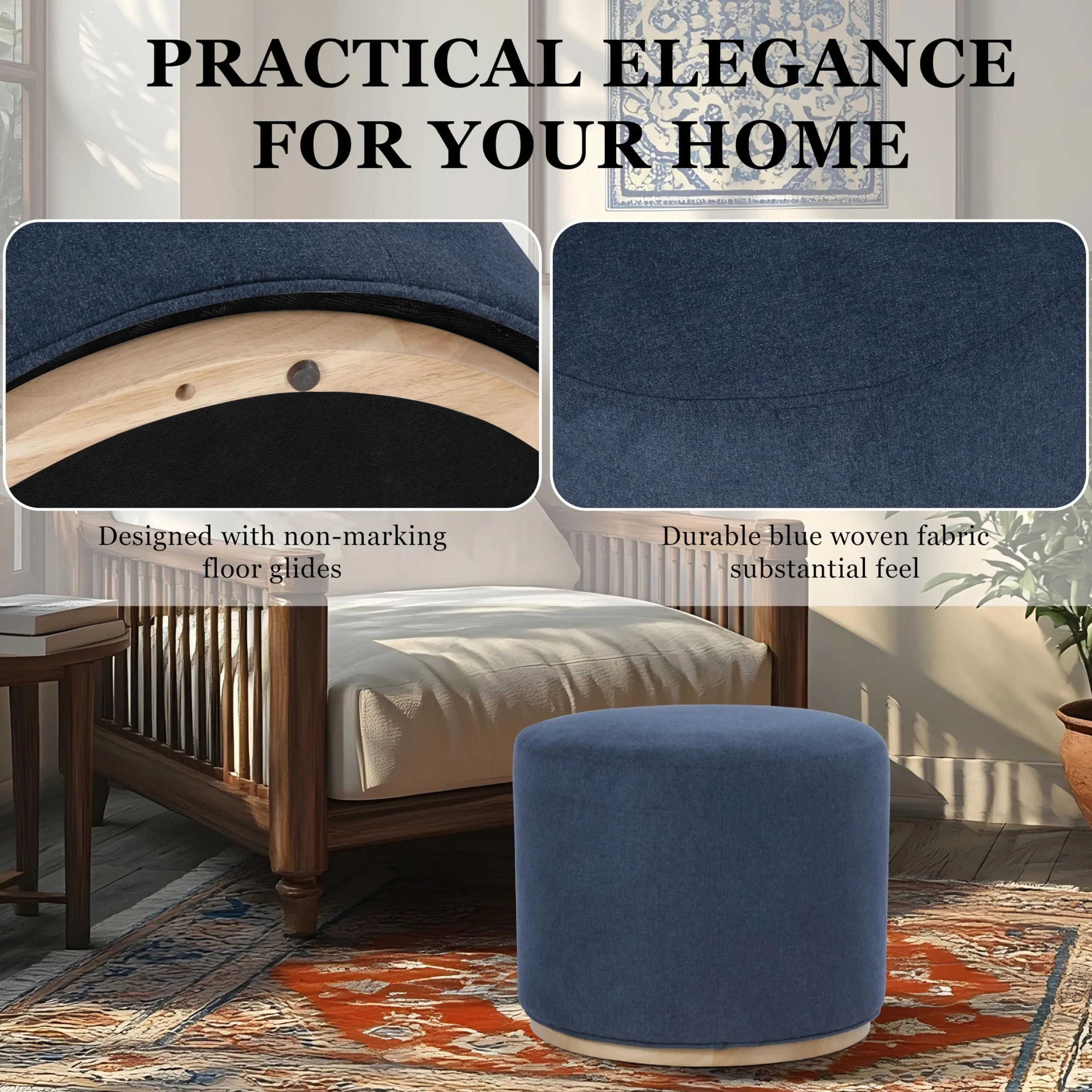 Spatial Order 22" Round Ottoman with Wooden Base - Blue Woven Fabric
