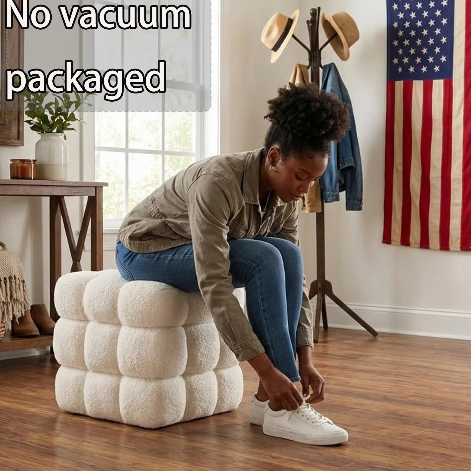 White Sherpa Square Ottoman - 17.3" Large Boucle Cube Pouf with Sturdy Wood Frame, 330lbs Capacity Modern Fuzzy Vanity Stool & Footrest for Living Room, Bedroom - Fully Assembled
