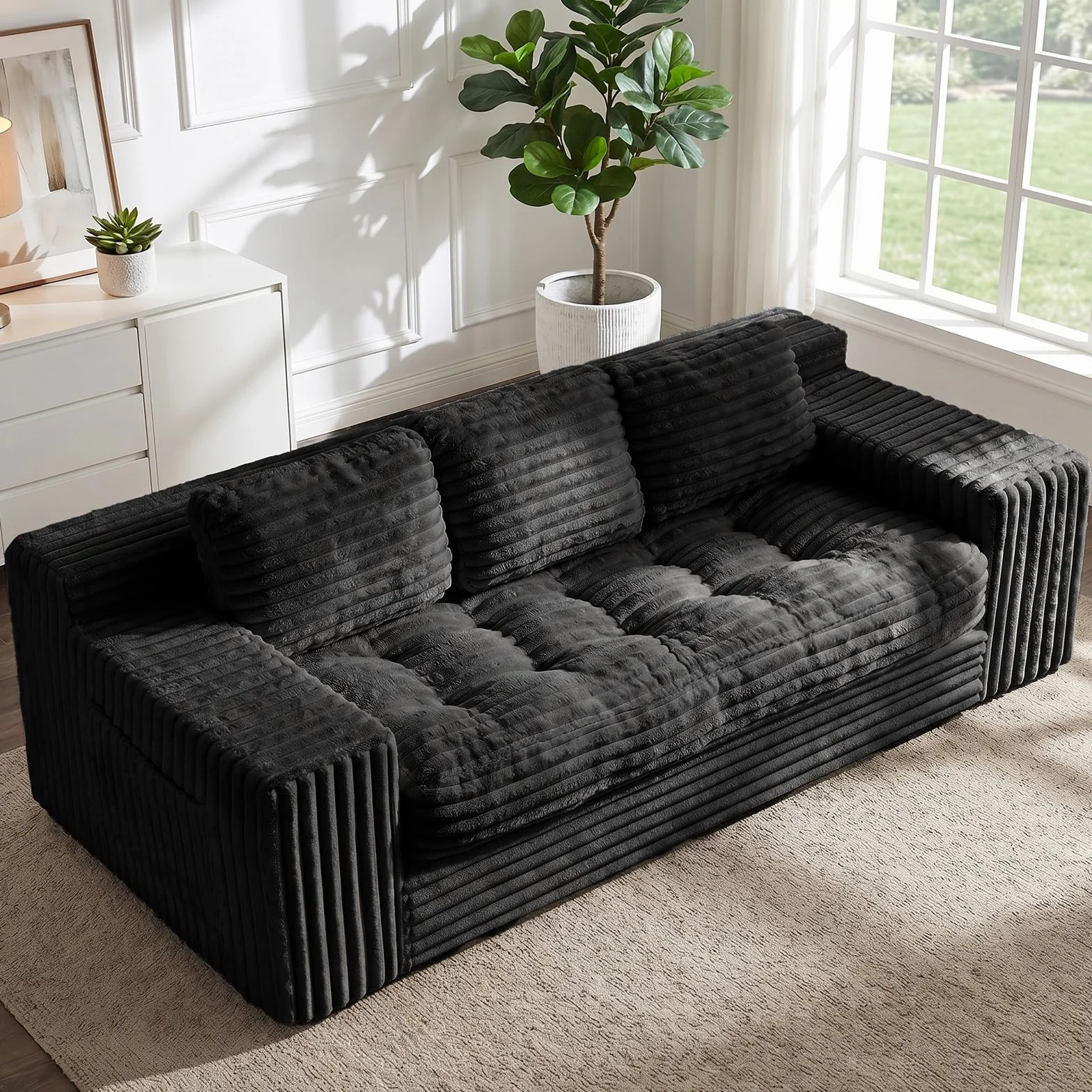 Boneless Couch, Cloud Loveseat Sofa Corduroy Couch in a Box, Upholstered Boneless 3 Seater Couch for Living Room Bedroom Office Apartment, No Assembly Required, Black