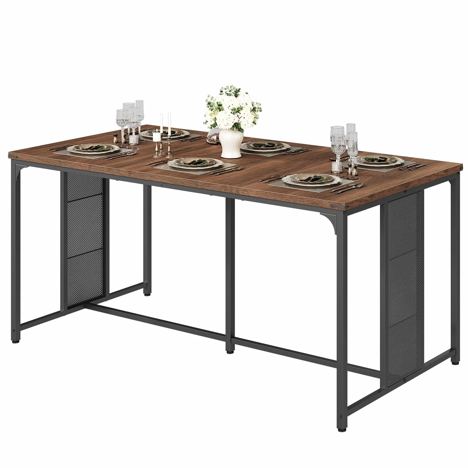 63" Dining Table for 6-8 People, Modern Large Kitchen Table | Heat-Resistant Tabletop, Unique Rectangular Dinner Table, Wooden, Quick Assembly, for Dining Room, Kitchen, Natural Walnut