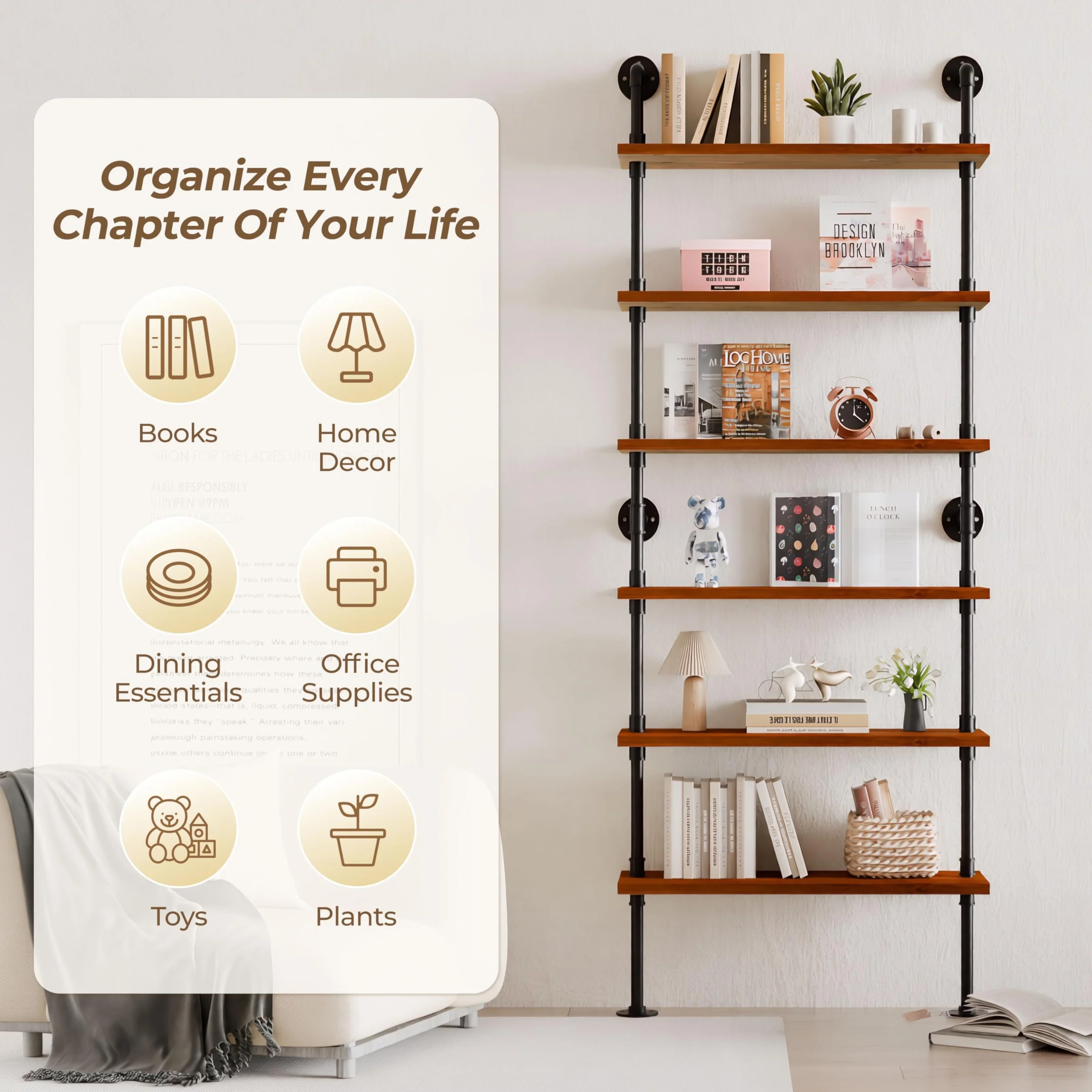 Industrial Pipe Bookshelf, Wall Mounted Shelf, 36 Inch, Walnut Brown | 6 Tier Open Bookcase, Solid pine wood, black iron pipe frame, 40 lbs per shelf, for books, kitchen, office decor