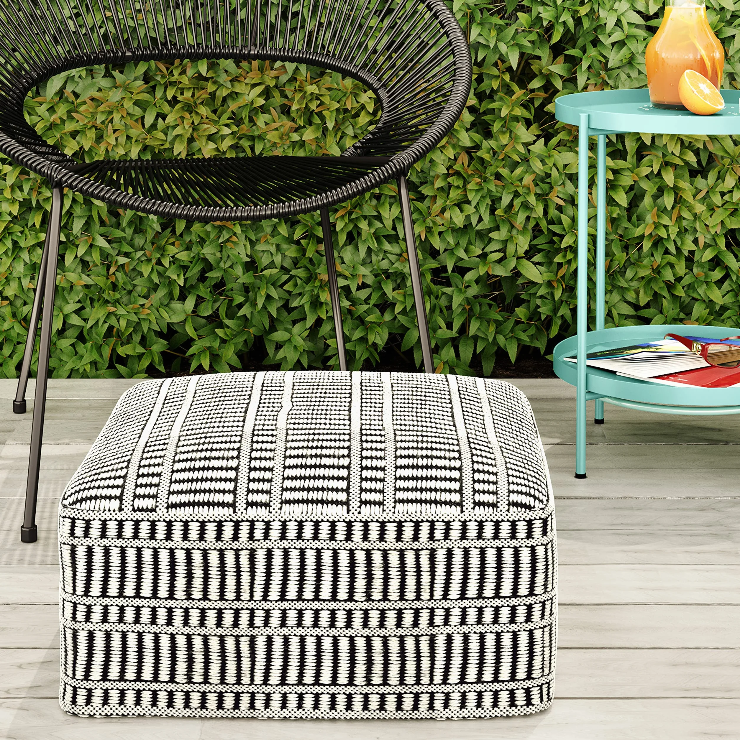 SIMPLIHOME Safford 20" Wide Square Pouf in Black/White PET Polyester