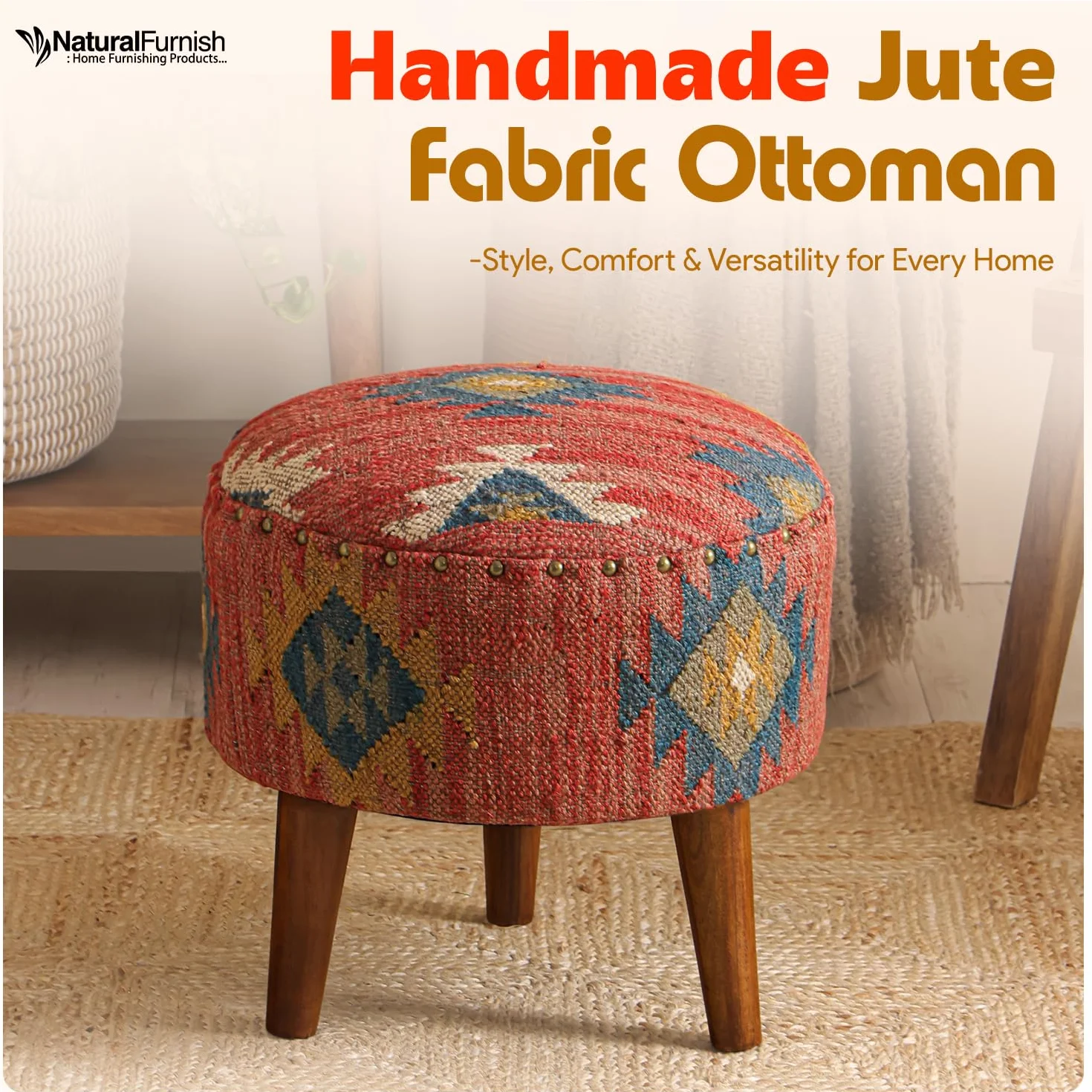 Handmade Kilim Jute Pouf Ottoman Stool | Round Upholstered Seating with Acacia Wood Legs | Decorative Foot Rest for Living Room, Bedroom, Reading Room & Lounge (Red)