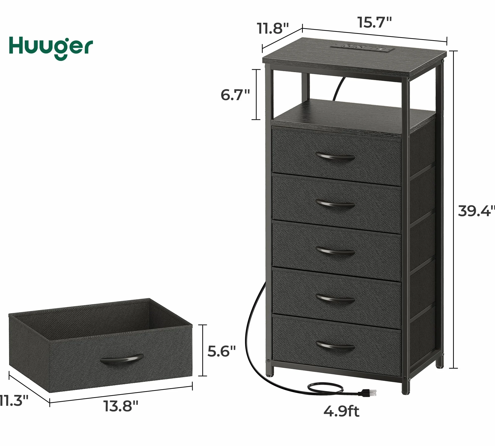 Huuger 5 Drawers Dresser with Charging Station, Dresser for Bedroom, Tall Night Stand, Chest of Drawers with Open Shelf, Bedside Table Nightstand, Fabric Storage Drawers, for Entryway, Black