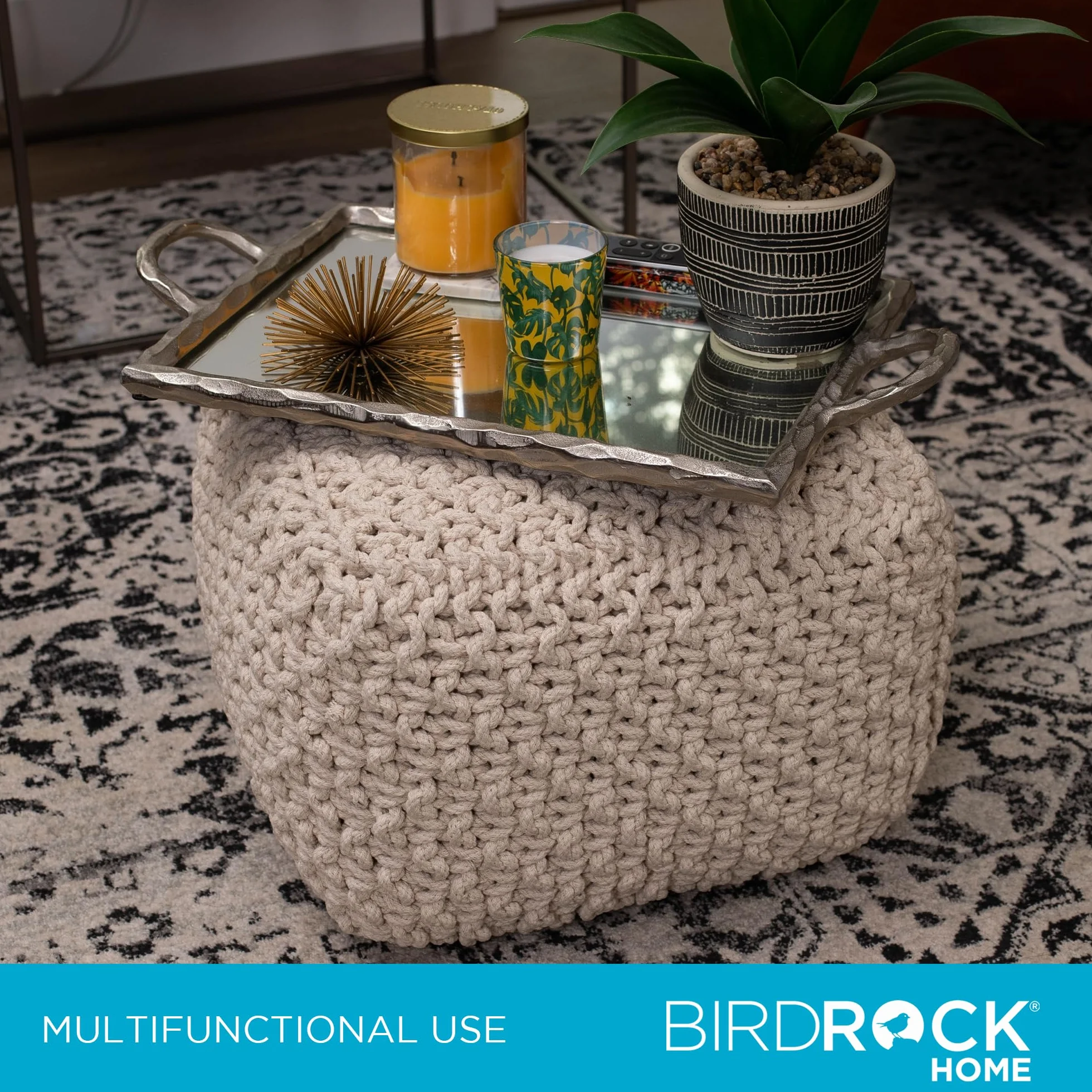 BIRDROCK HOME Square Pouf Ottoman - Cotton Braided Foot Stool with Bean Bag Filling - Compact and Comfortable Seating, Lightweight and Sturdy Boho Foot Rest for Living Room or Bedroom (Natural)