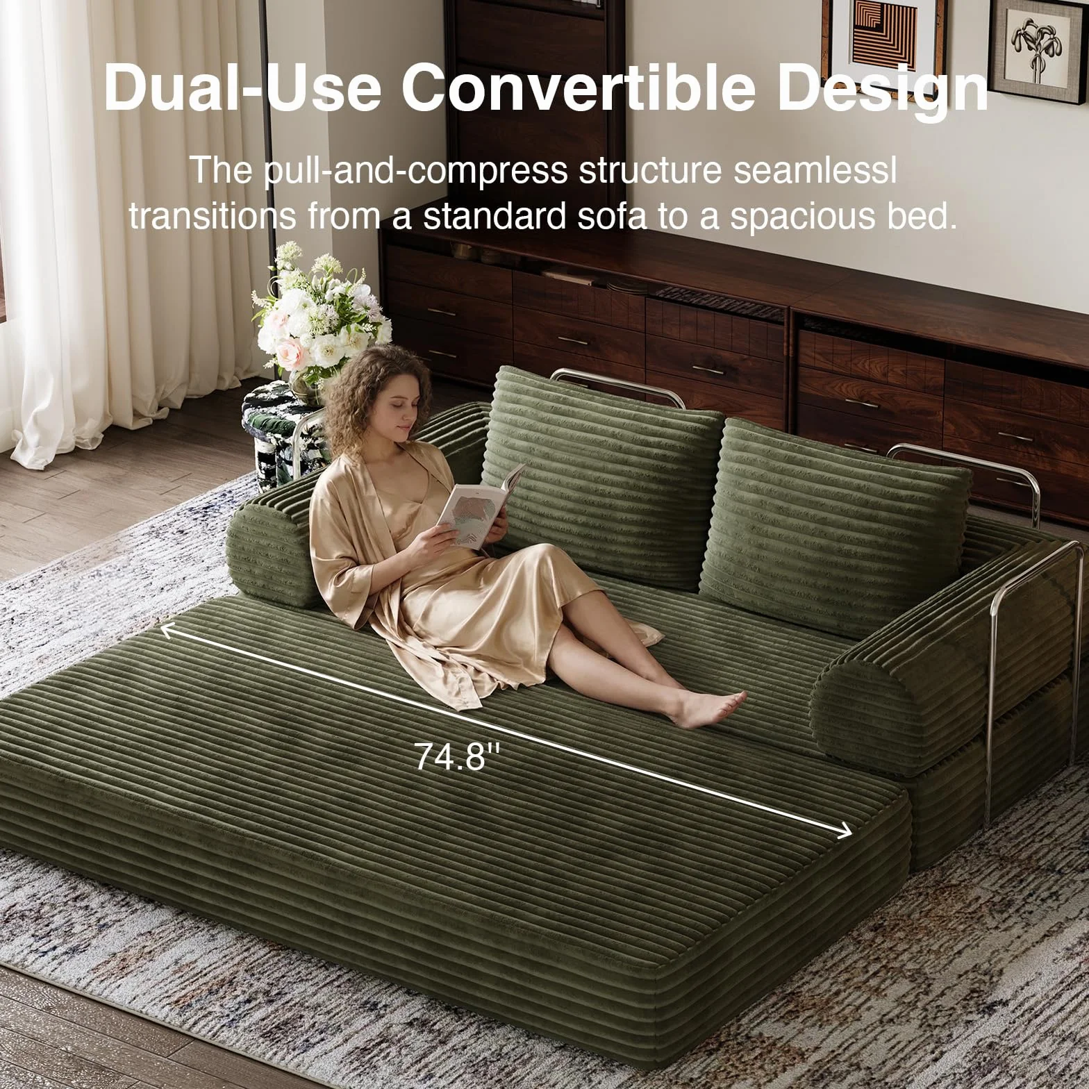 Novilla 75" Convertible Futon Sofa Bed, Boneless Couch with Smarts Coil® Support & High-Density Foam, No Assembly Corduroy Folding Loveseat Floor Sleeper for Living Room, Apartment, Bedroom, Green