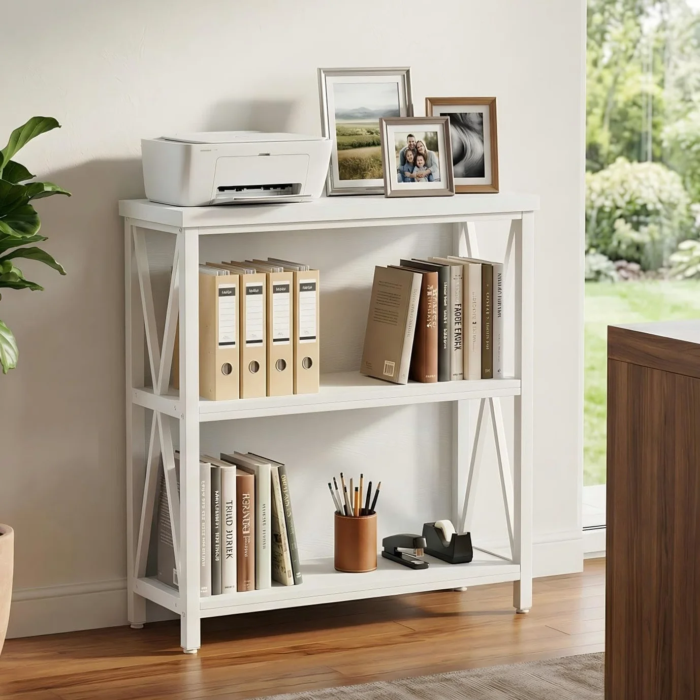 Small Bookshelf for Small Space, Short Rustic Low Bookcase, Modern Wood and Metal Book Shelf and Narrow Book Case for Living Room, Hallway (White Oak)