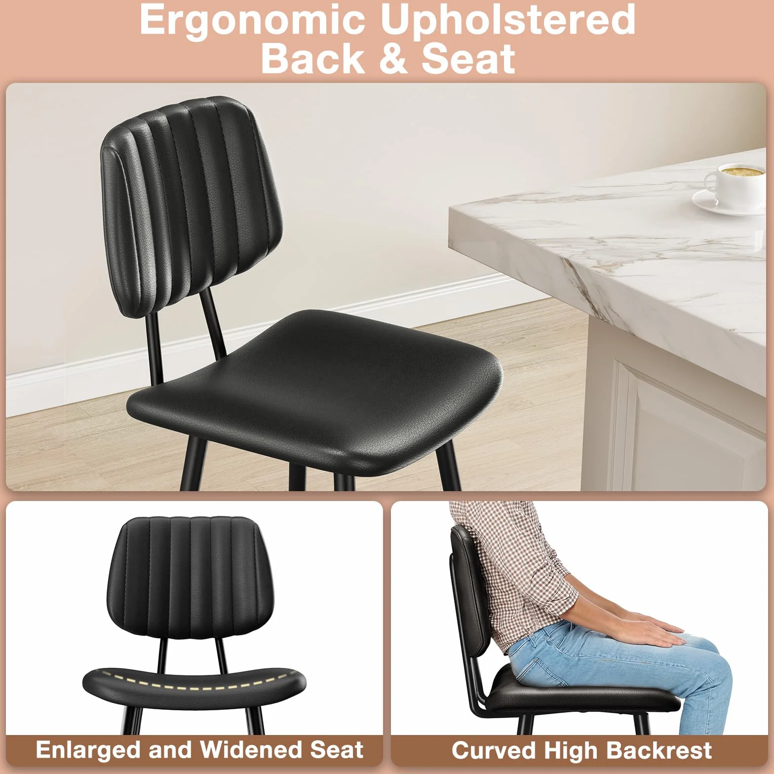 Raynesys 24-Inch Leather Bar Stools Set of 2 with High Backrest, Black | Faux Leather, Counter Height Barstools, Heavy Duty Metal Legs, With Footrest, For Kitchen Island