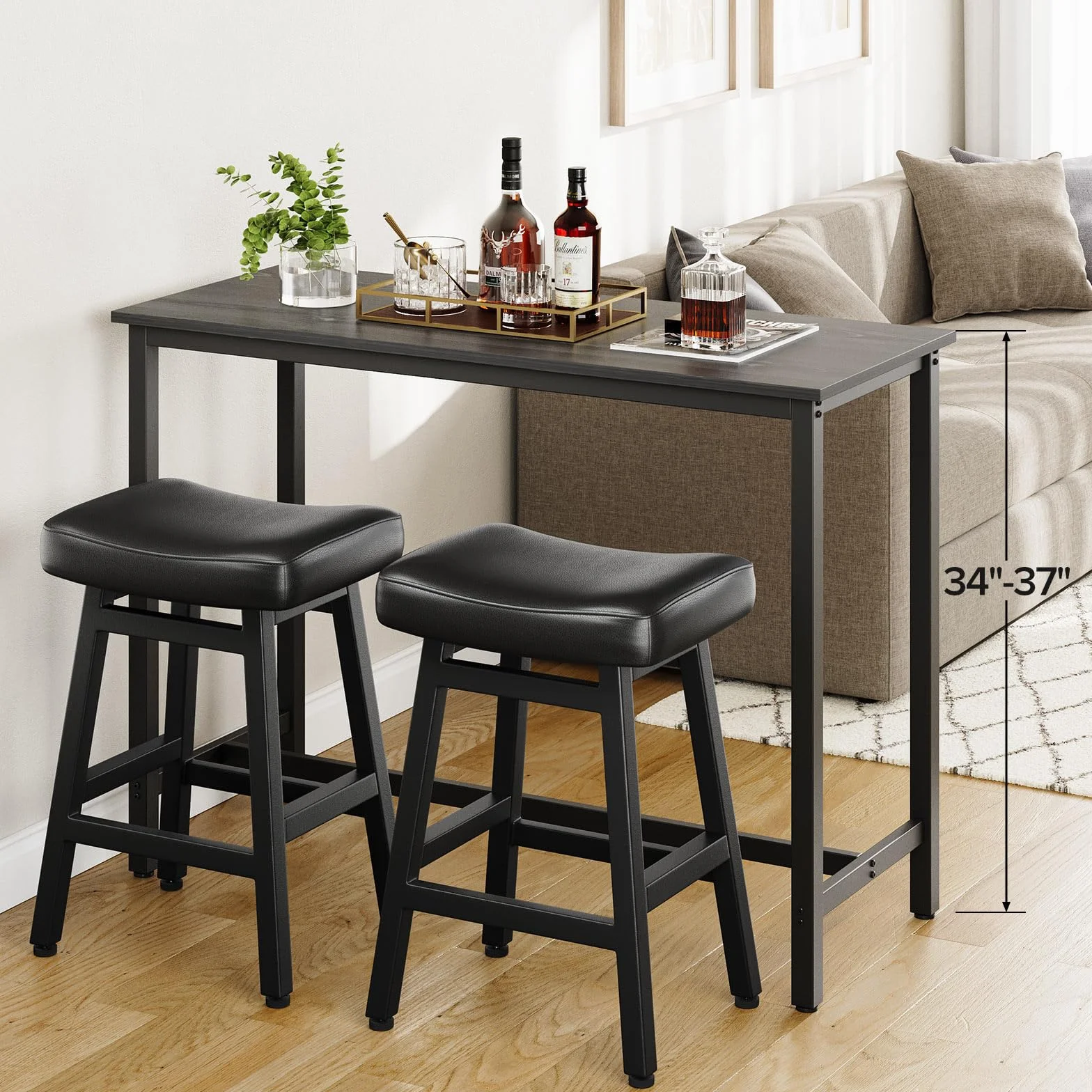 Raynesys 24 Inche Bonded Leather Counter Height Bar Stools Set of 2 Curved | Barstools with Curved Bonded Leather Seats & Heavy Duty Metal Legs for Kitchen Counter, Easy Assembly, All Black