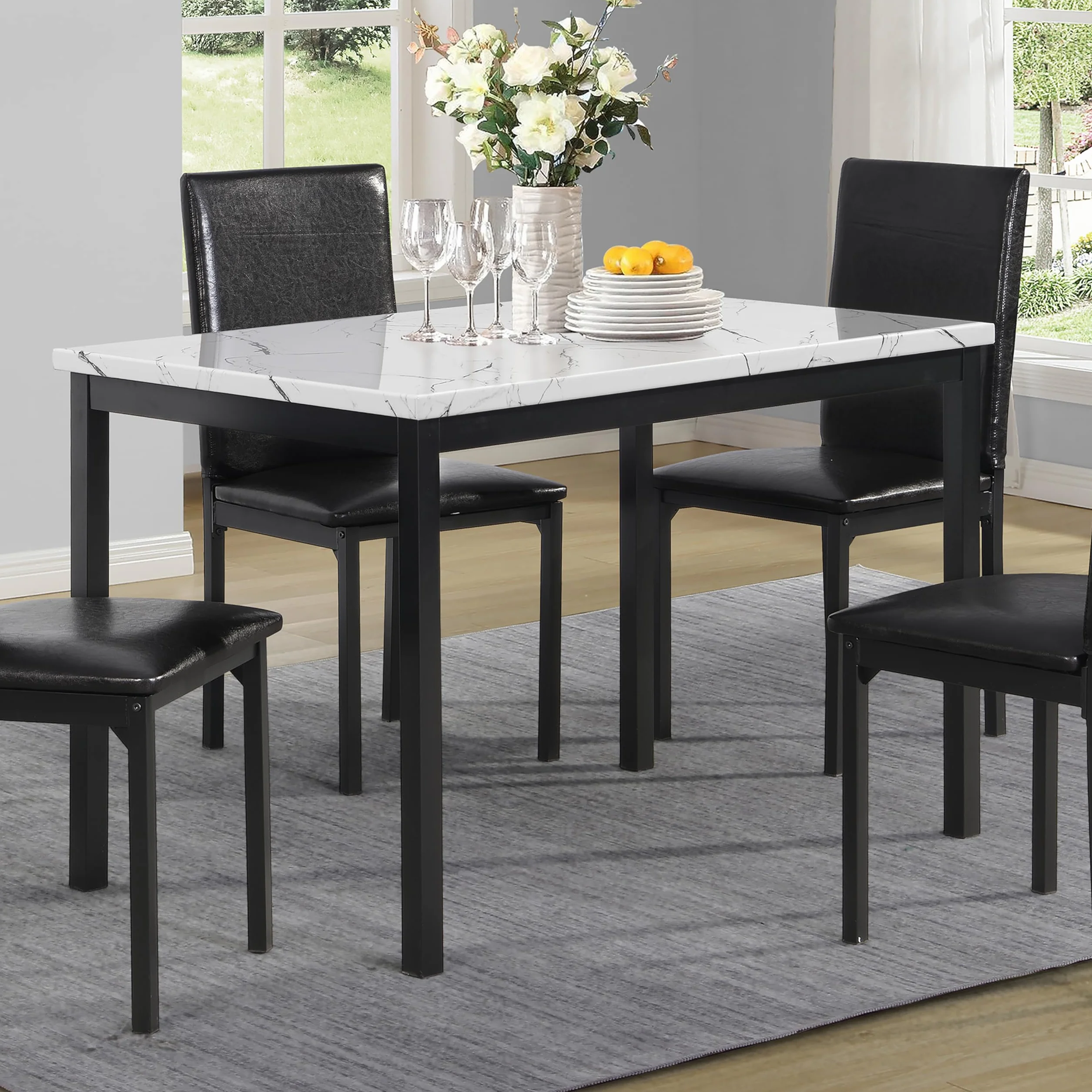 Roundhill Furniture Noyes Metal Dining Table with Laminated Faux Marble Top, Off-White