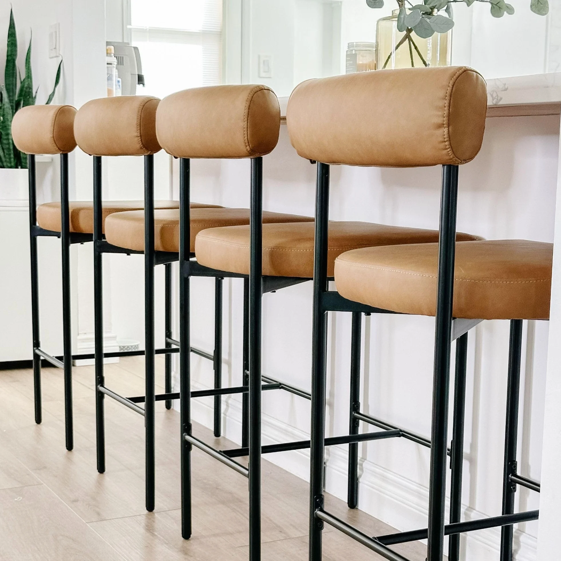 Nathan James Dahlia Counter Height Chair, Modern Barstool with Back, Mid-Century Metal Legs and Leather Padded Cushion for Kitchen, Island and Bars, Brown/Black