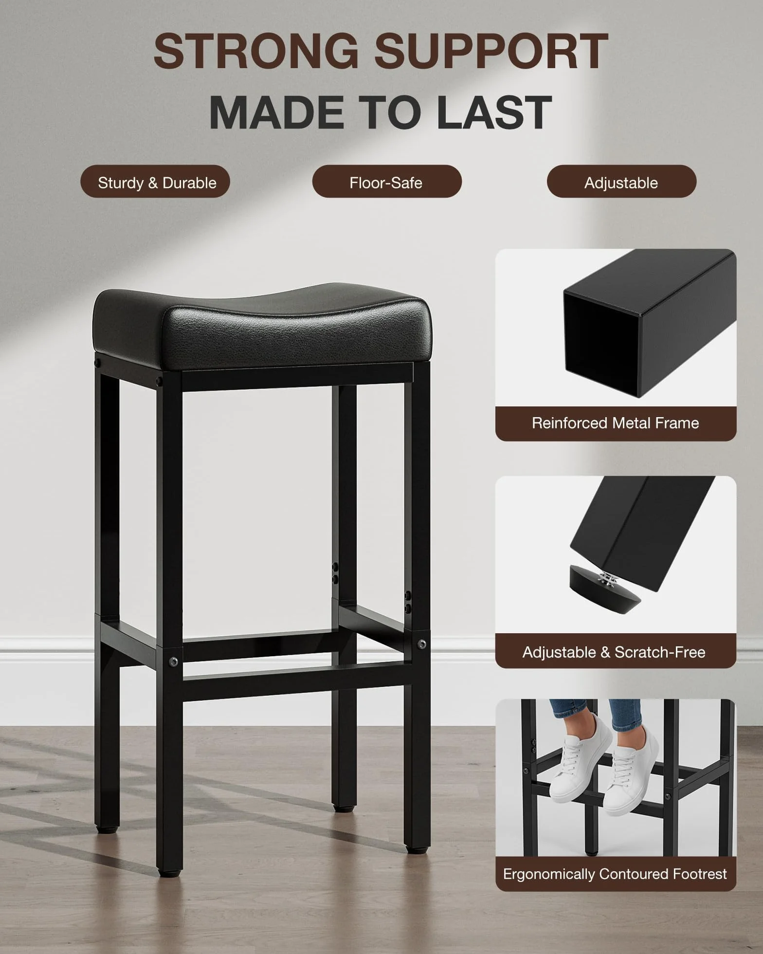 Bar Stools Set of 2-24 Inch Counter Height Chairs for Kitchen Island, Leather Seat with 400 LBS Heavy-Duty Metal Frame and Adjustable Feet, Easy to Assemble for Bar, Café or Dining Room,Black