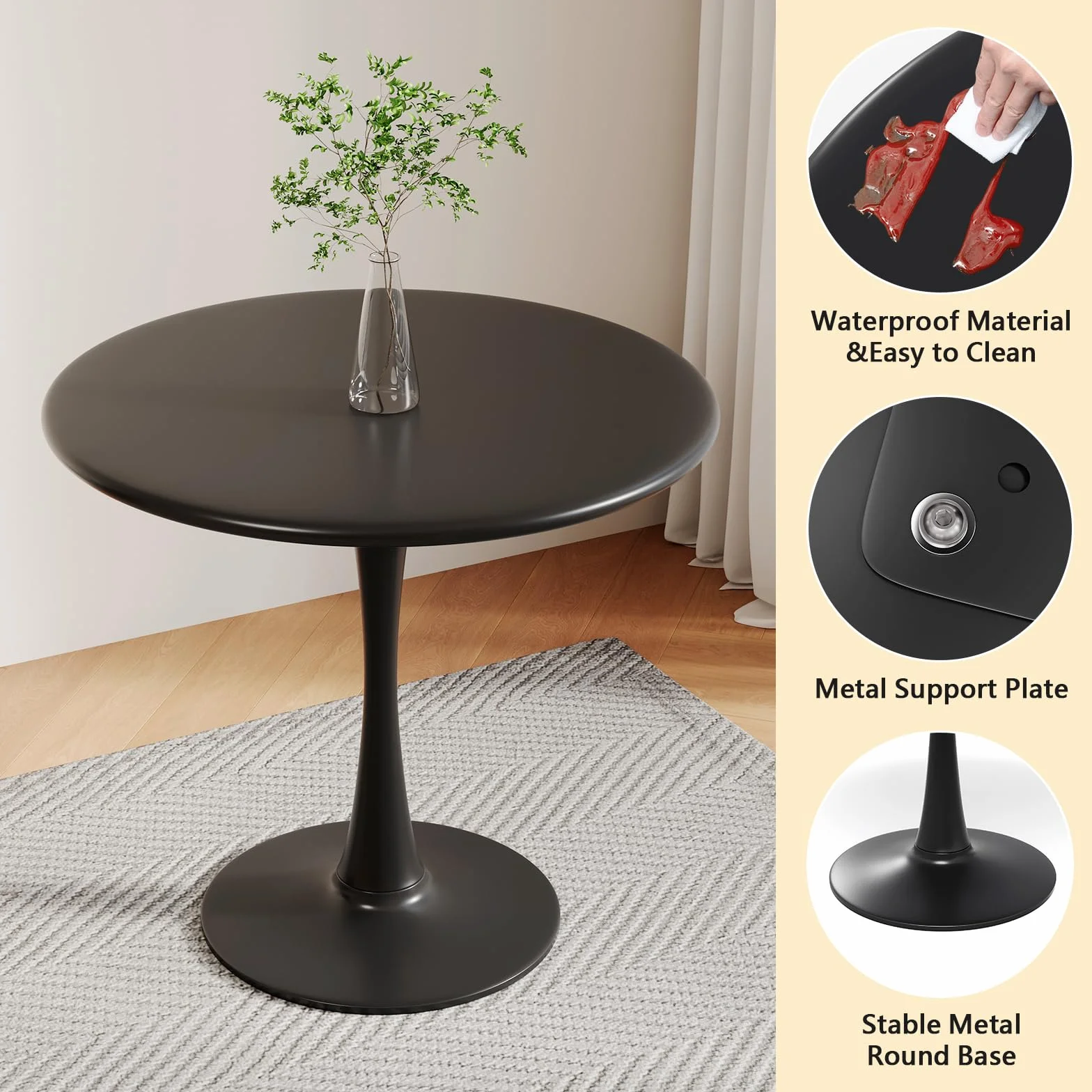 Black Small Tulip Table, 24 Inch Round Dining Table for 2 Person with Pedestal Base for Kitchen, Circle Bistro Table, Mid Century Modern Cafe Tables for Small Spaces in Living Room, Office, Pub, Bar