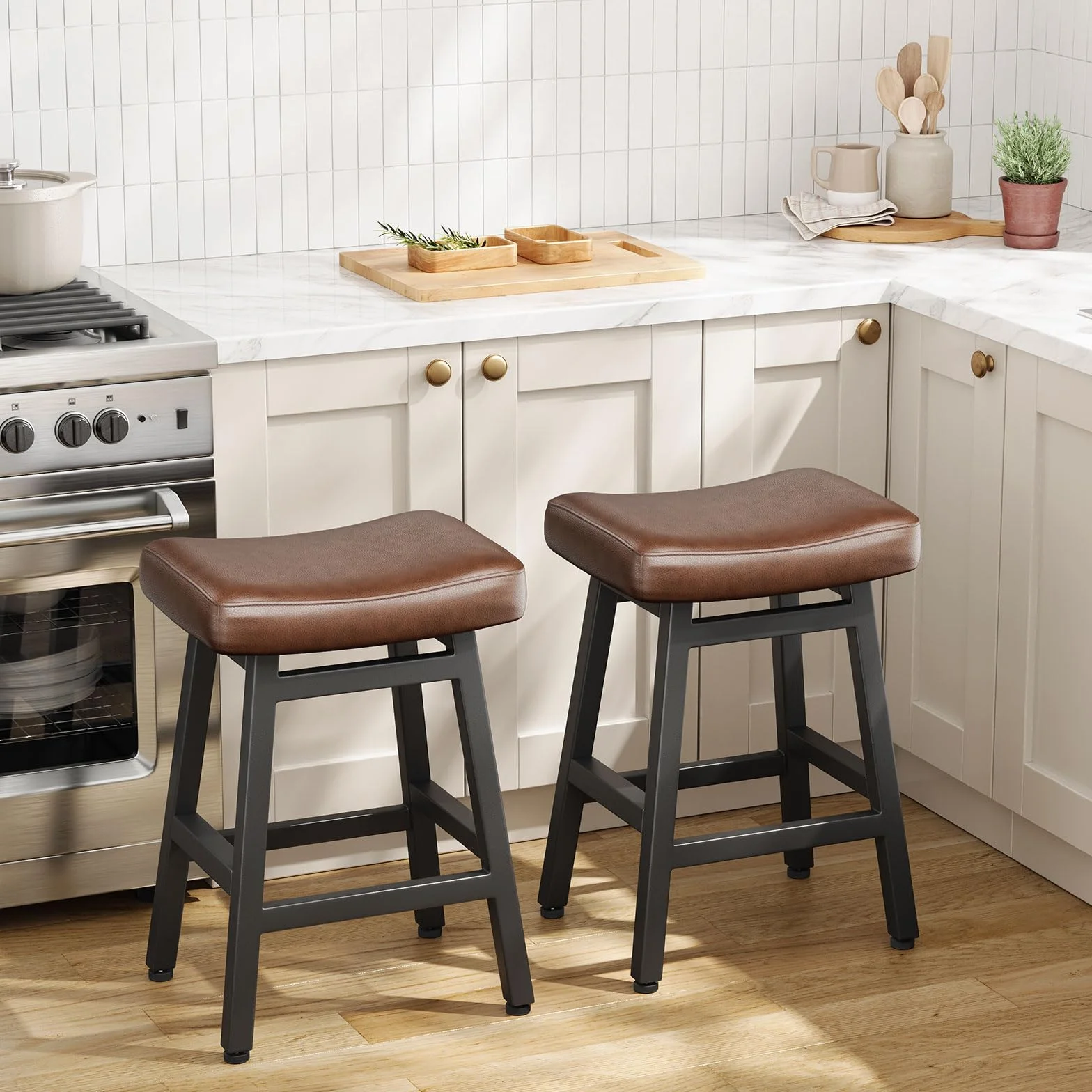 Raynesys 24 Inche Bonded Leather Counter Height Bar Stools Set of 2 Curved | Barstools with Curved Bonded Leather Seats & Heavy Duty Metal Legs for Kitchen Counter, Easy Assembly, All Black